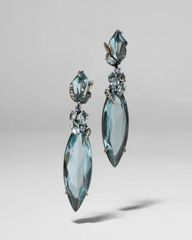 Archive Fine Sterling Silver Quartz, Green Sapphire and Diamond Marquis Drop Earring made by Alexis Bittar