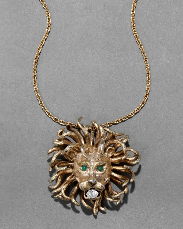 Vintage 1960s 14k Gold Washed Sterling Silver Lion Pendant Necklace with Jade Eyes sold by Alexis Bittar