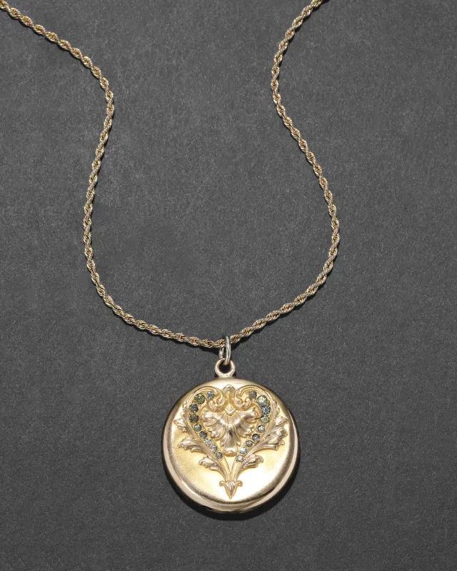 Antique 1800s 14k Gold Filled Crystal Embellished Circle Locket Necklace sold by Alexis Bittar