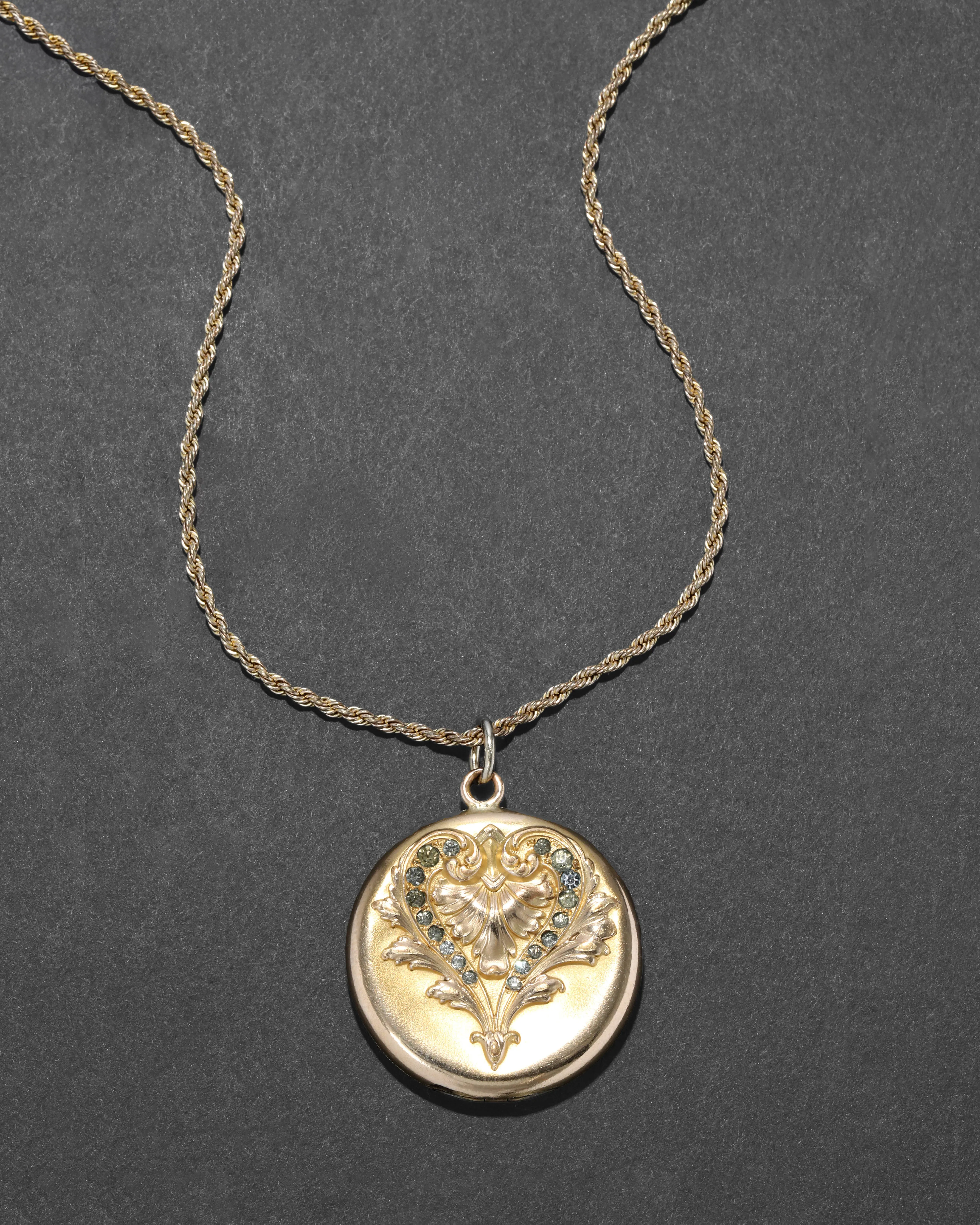 Antique 1800s 14k Gold Filled Crystal Embellished Circle Locket Necklace sold by Alexis Bittar