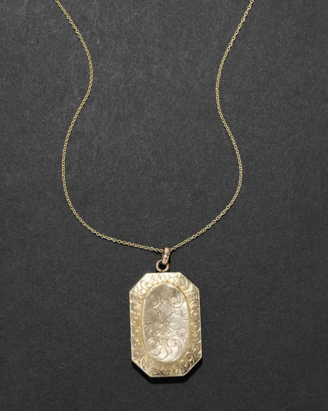 Antique 1800s 14k Gold Filled Etched Wave Motif Rectangular Locket Necklace sold by Alexis Bittar