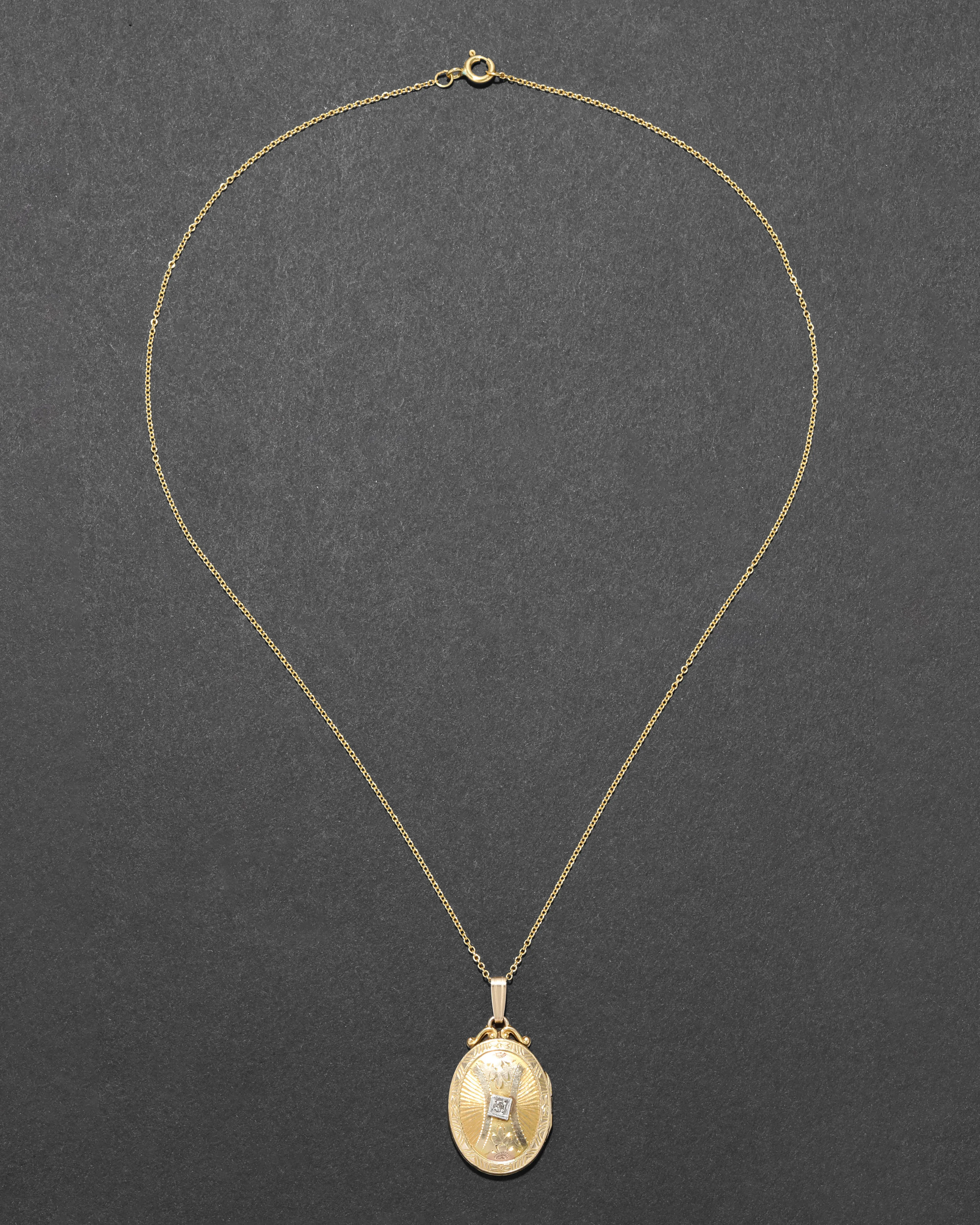 Antique 1920s 10k Gold Filled Two Tone Etched with Diamond Chip Oval Locket Necklace sold by Alexis Bittar product image thumbnail 2