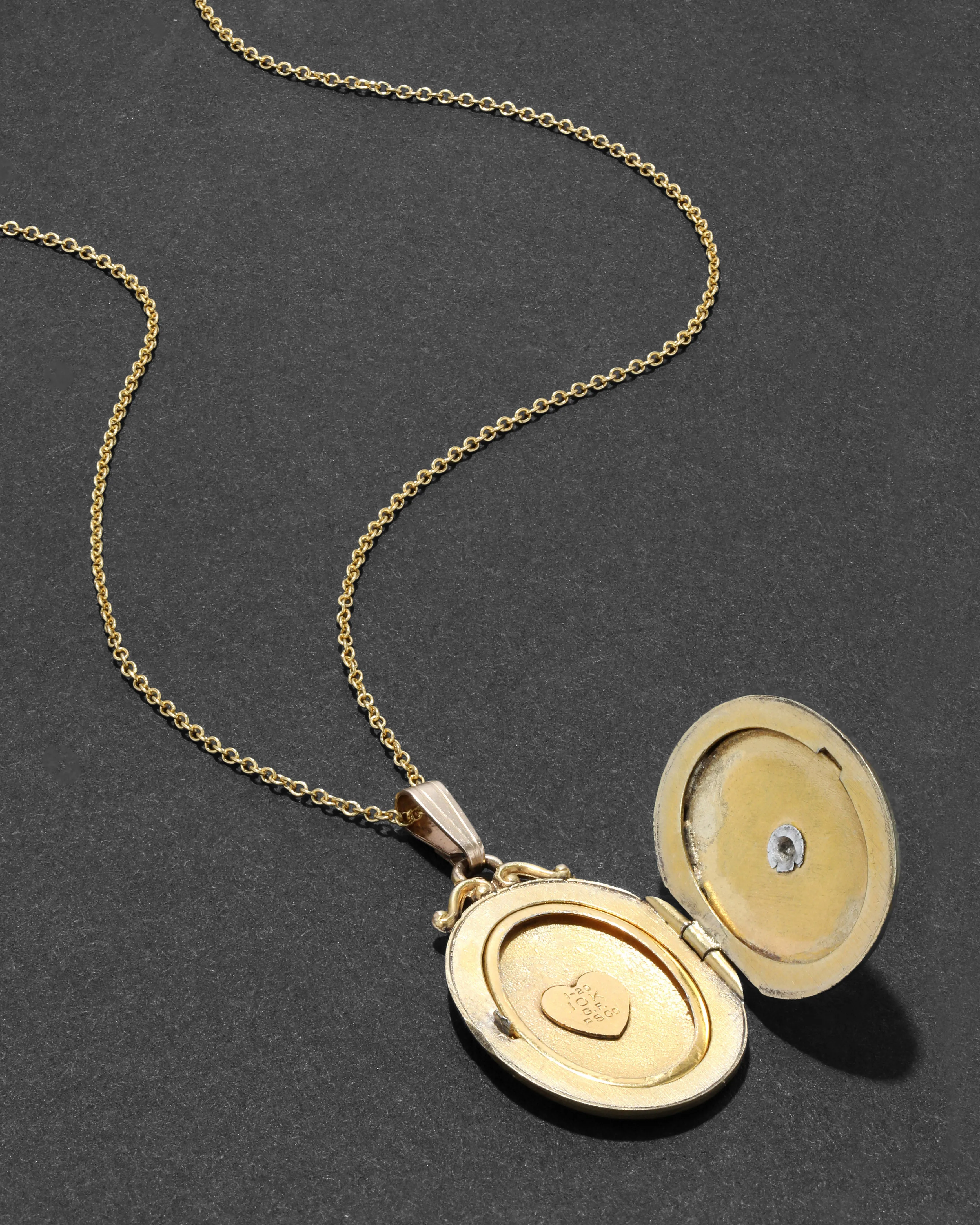 Antique 1920s 10k Gold Filled Two Tone Etched with Diamond Chip Oval Locket Necklace sold by Alexis Bittar product image thumbnail 3