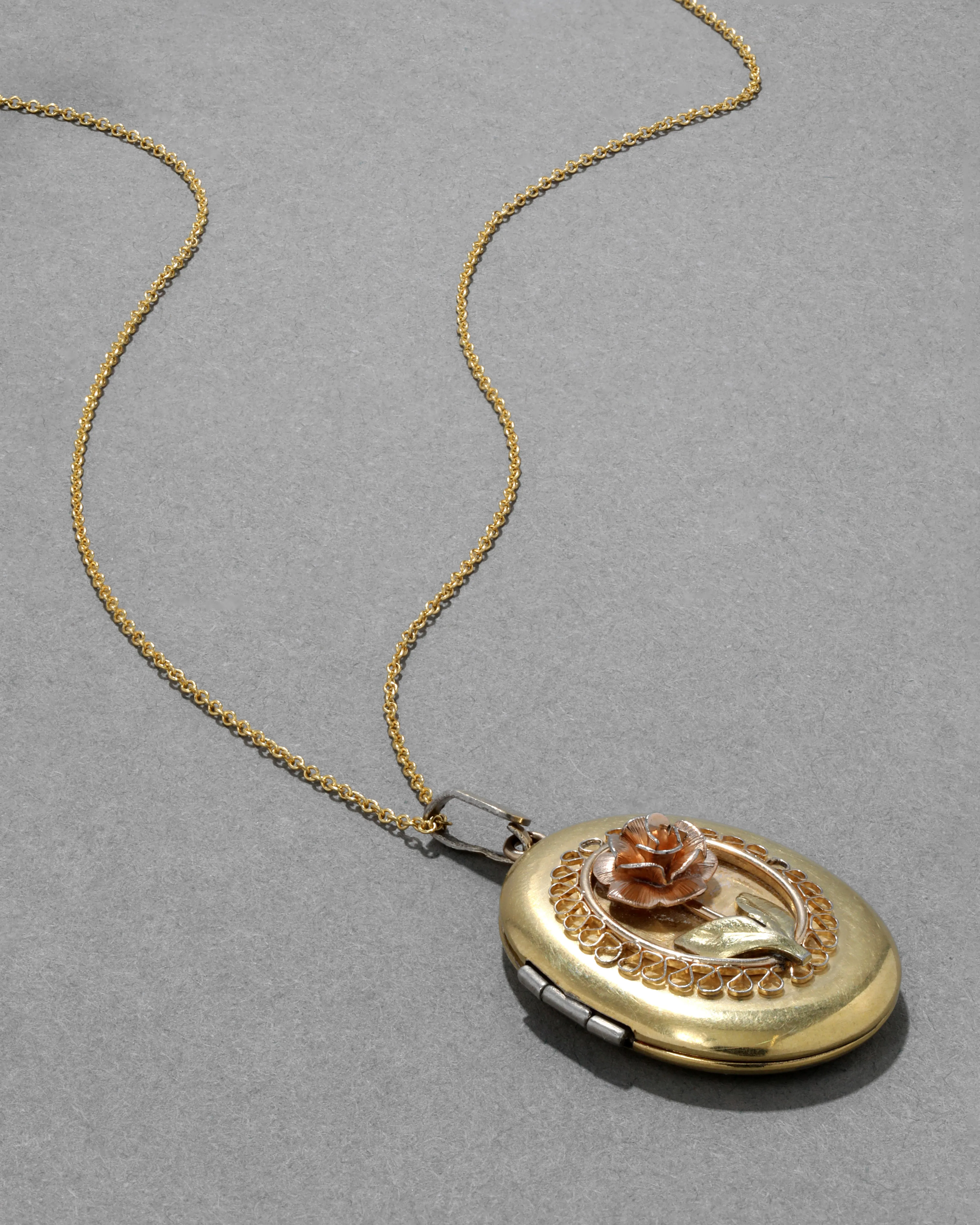Vintage 1950s 14k Gold Filled 3D Rose Oval Locket Necklace sold by Alexis Bittar product image thumbnail 3