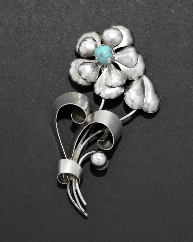 Vintage 1940s Sterling Silver & Turquoise Flower Pin sold by Alexis Bittar