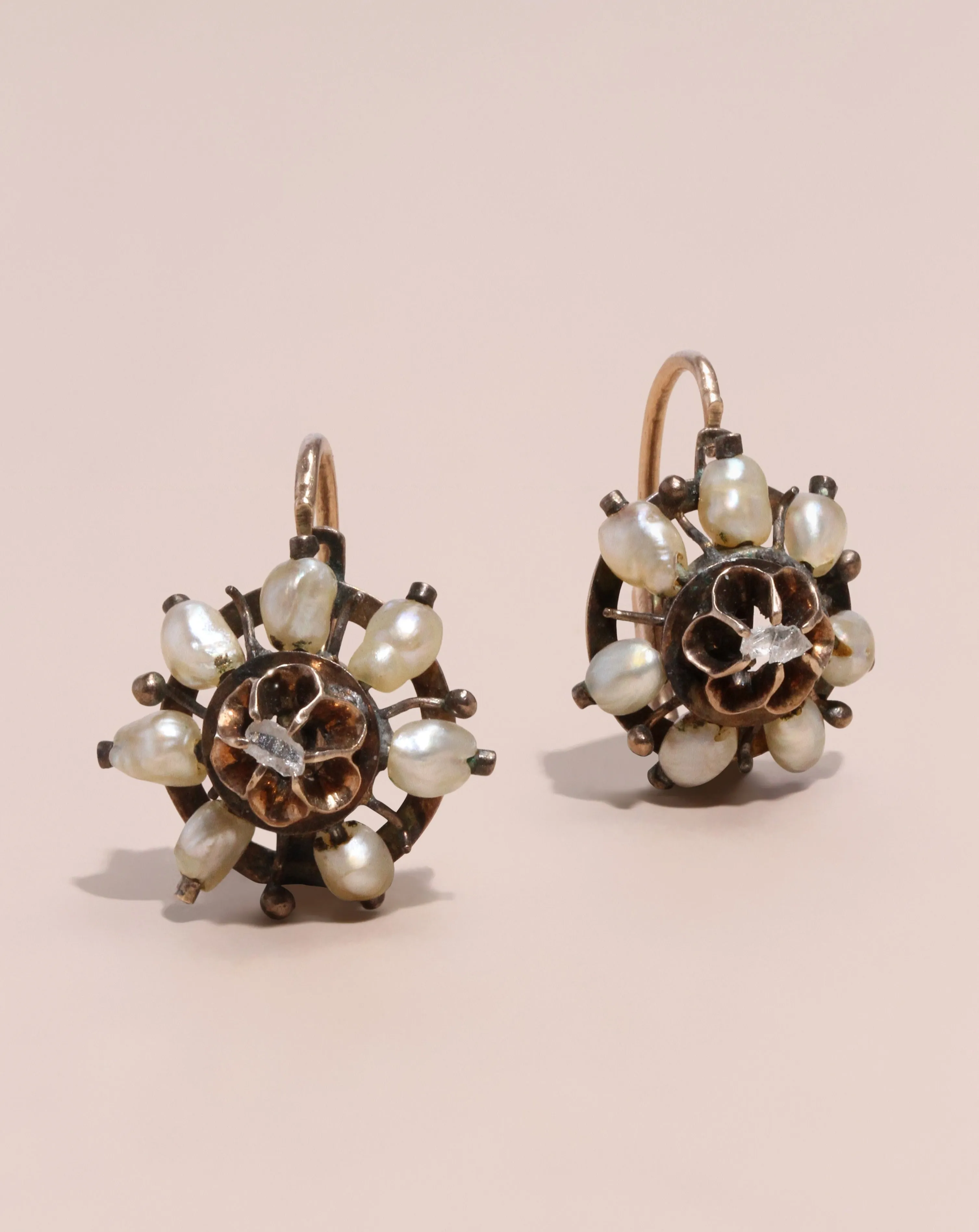 Antique 1860s Victorian 14k Gold Back to Front Closure Earrings with Pearl Diamond sold by Alexis Bittar