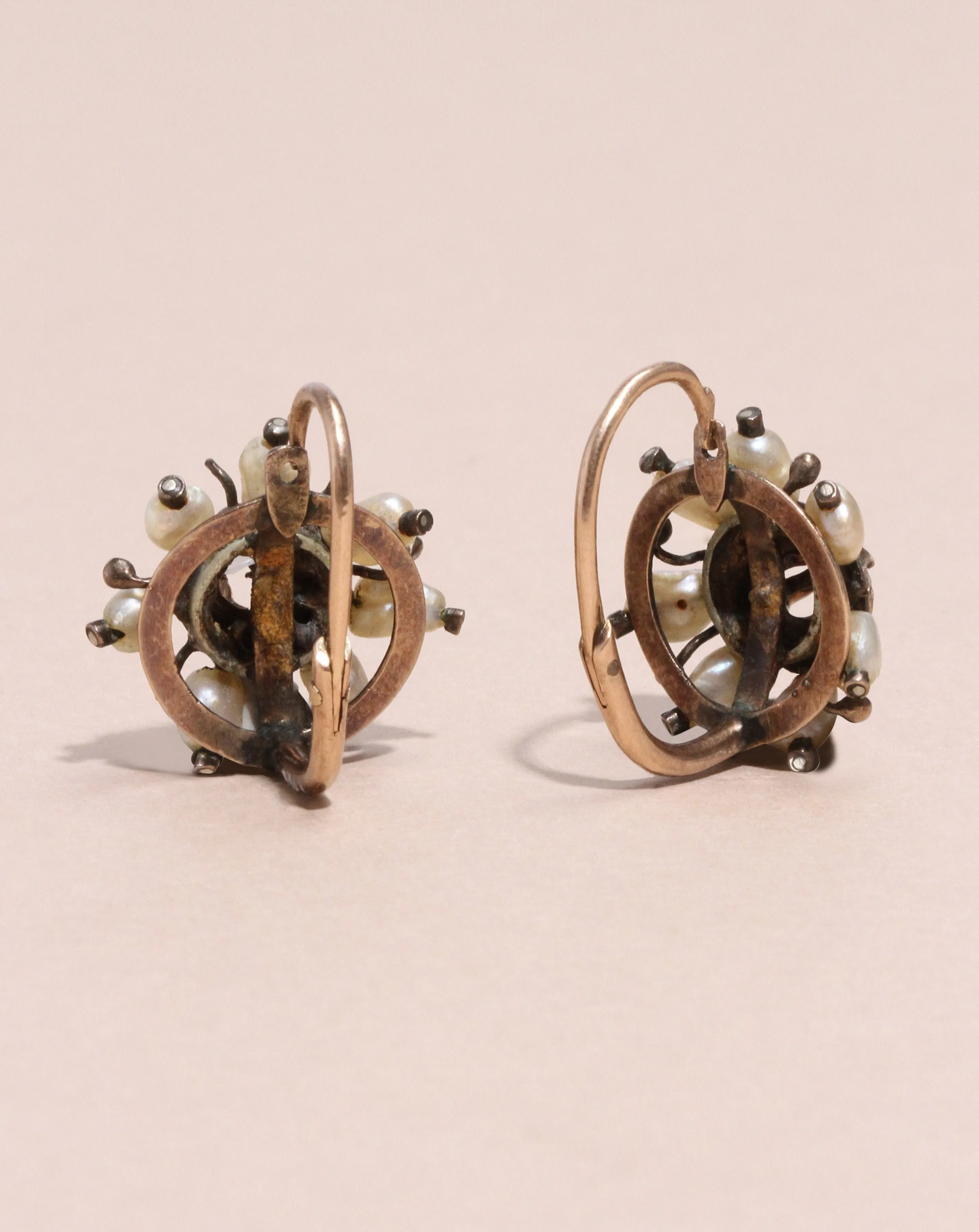 Antique 1860s Victorian 14k Gold Back to Front Closure Earrings with Pearl Diamond sold by Alexis Bittar product image thumbnail 2