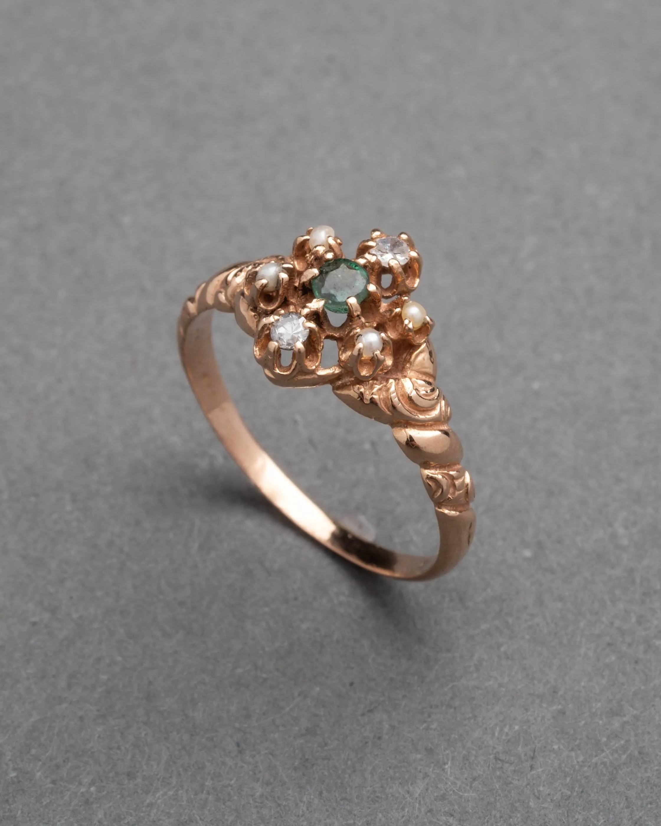 Antique Victorian Emerald Ring with Diamond and Pearl in 14k Gold sold by Alexis Bittar