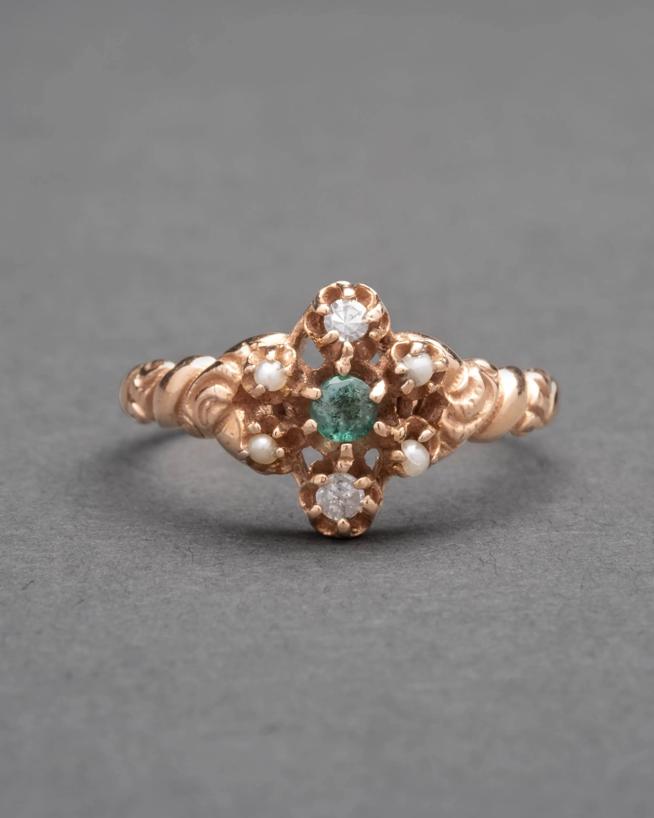 Antique Victorian Emerald Ring with Diamond and Pearl in 14k Gold sold by Alexis Bittar product image thumbnail 2