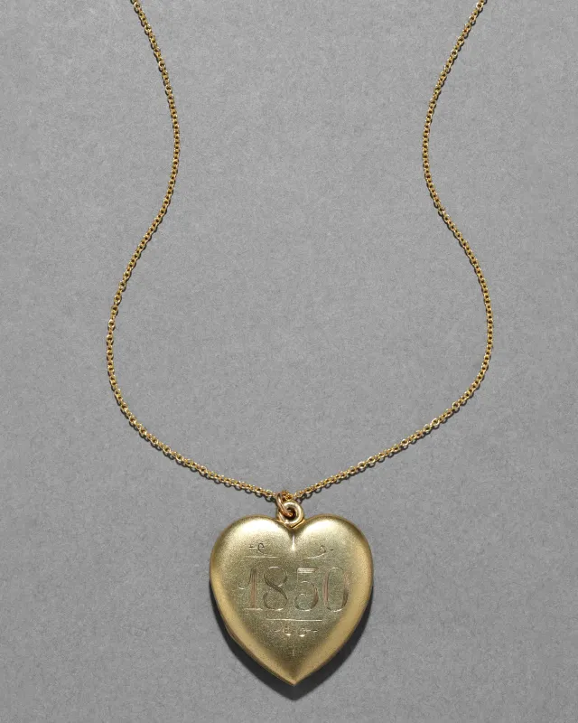 Antique 1850s Gold Plated Sterling Silver Hand Etched Heart Locket Necklace sold by Alexis Bittar