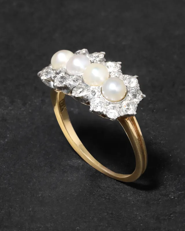 Antique 1900s 18k Gold with Natural Pearl & Rose Cut Diamond Cluster Ring sold by Alexis Bittar