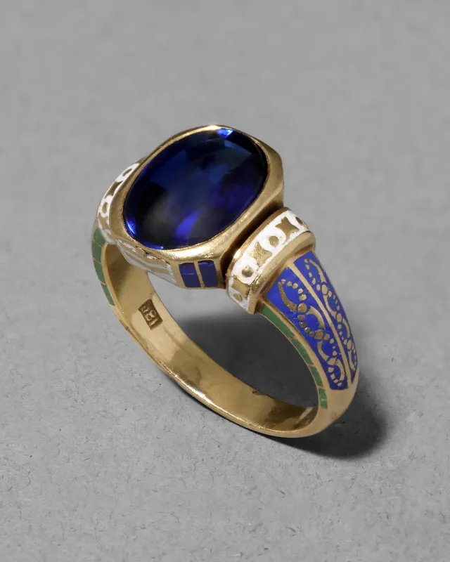 Antique 1840s 18k Gold & Manmade Sapphire & Enamel French Ring sold by Alexis Bittar