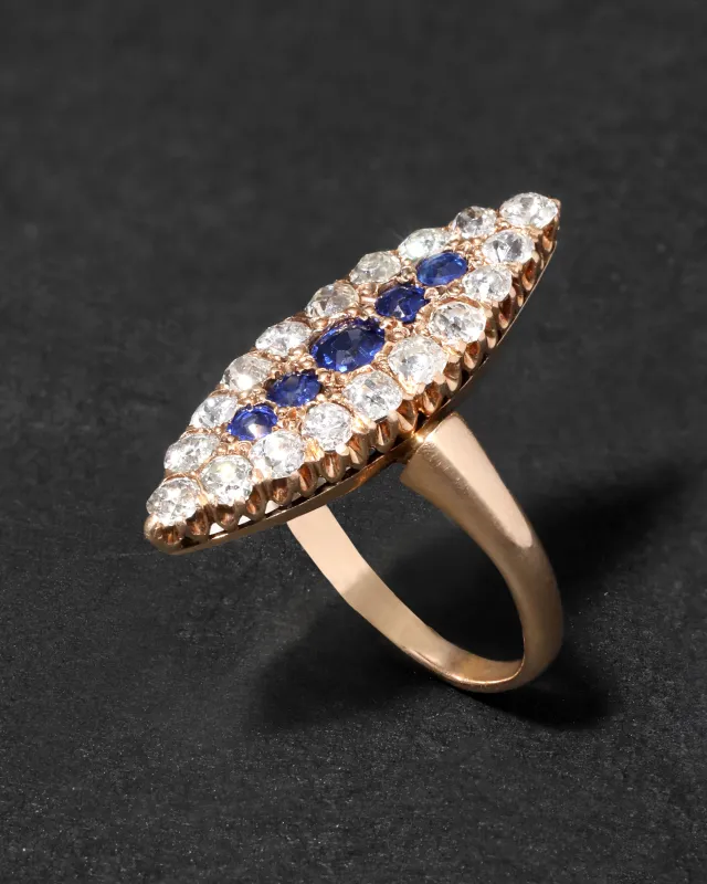 Antique Victorian Late 1800s 14k Gold with Sapphire & Diamond Marquis Ring sold by Alexis Bittar