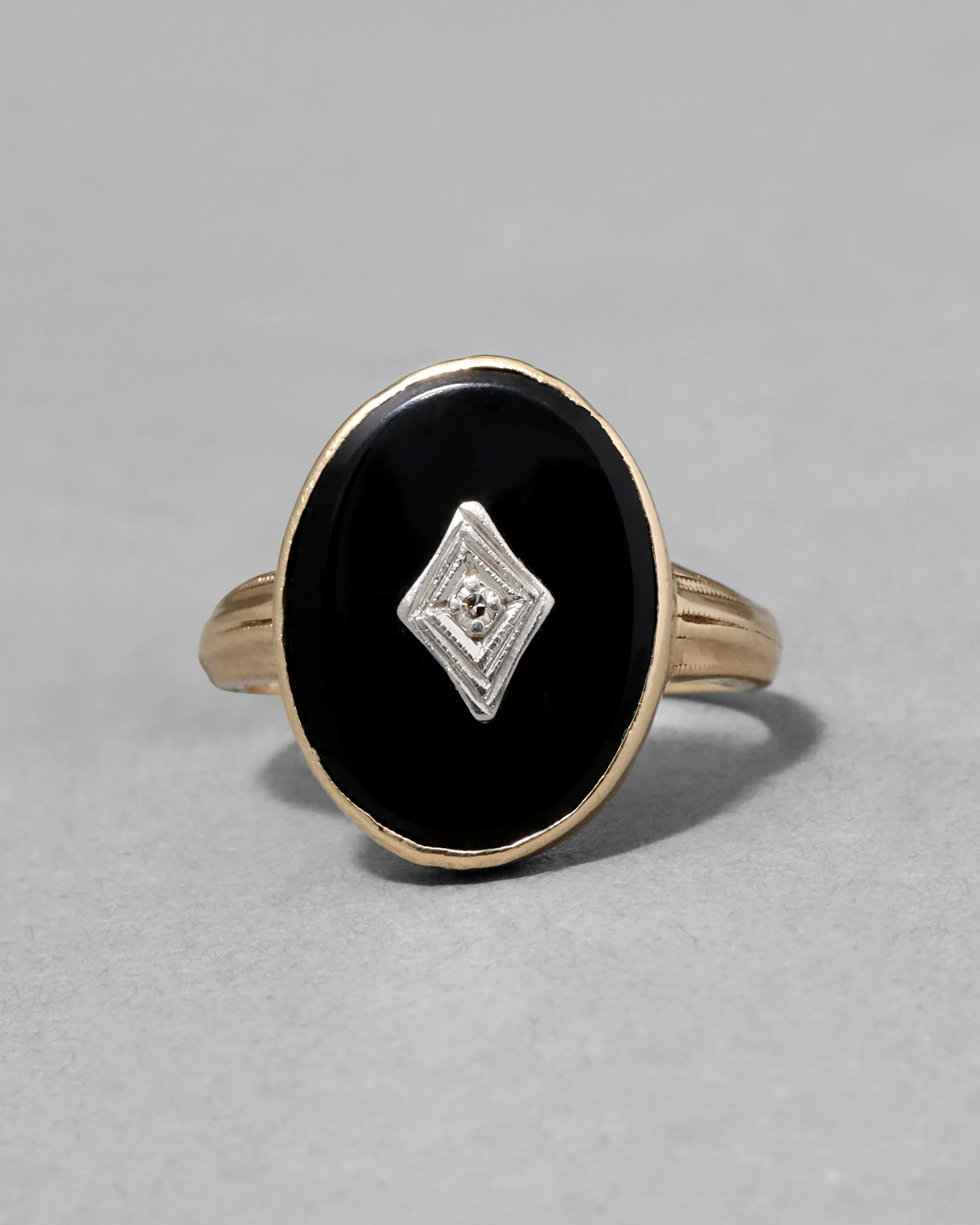 Antique 1910s 14k Yellow & White Gold Oval Onyx with Framed Diamond Center Ring sold by Alexis Bittar product image thumbnail 2
