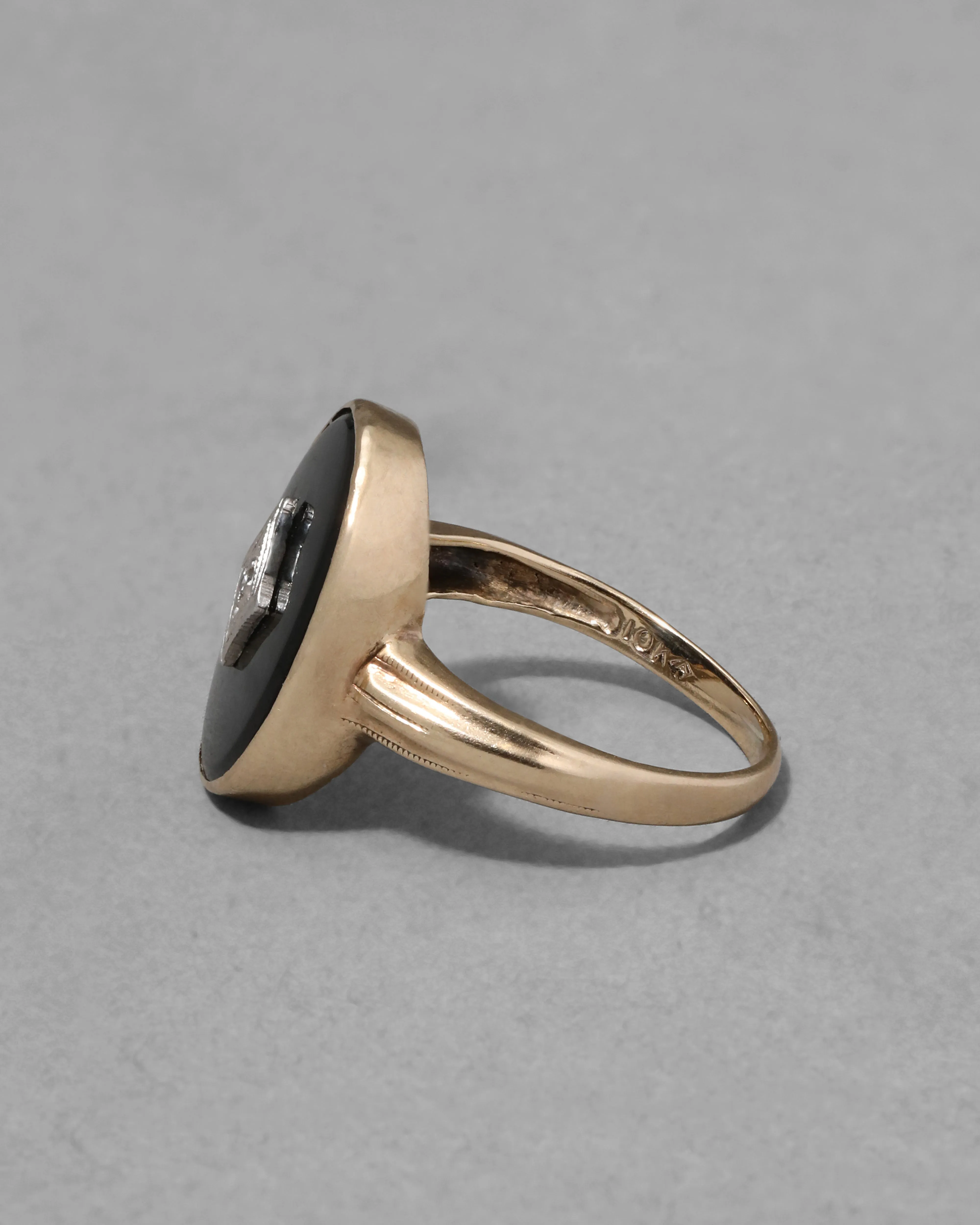 Antique 1910s 14k Yellow & White Gold Oval Onyx with Framed Diamond Center Ring sold by Alexis Bittar product image thumbnail 3