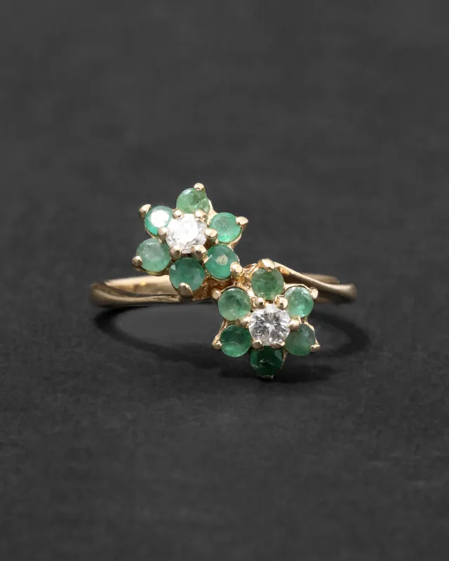 Vintage 1960s 14k Gold with Stacked Diamond & Emerald Flower Ring sold by Alexis Bittar