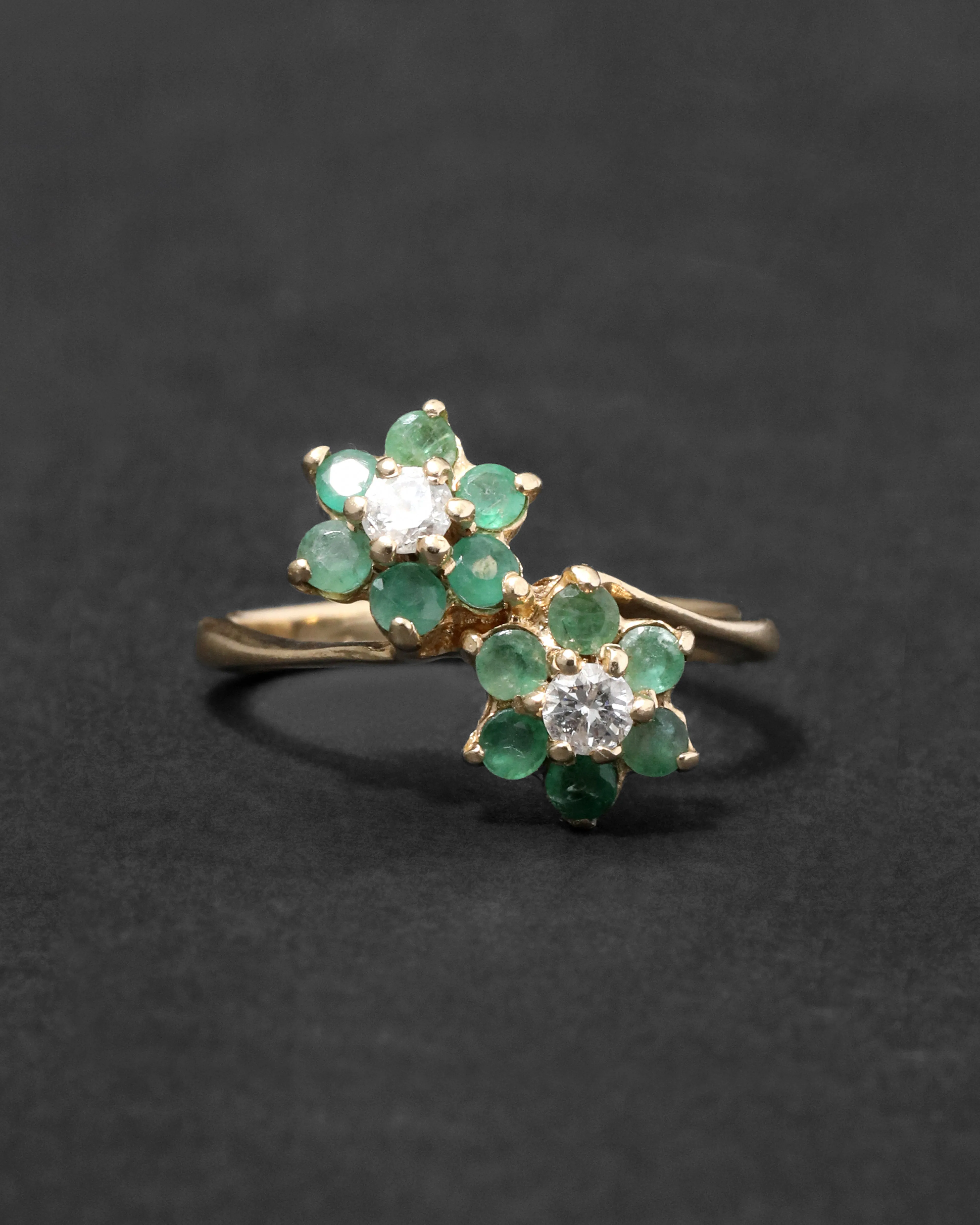 Vintage 1960s 14k Gold with Stacked Diamond & Emerald Flower Ring sold by Alexis Bittar