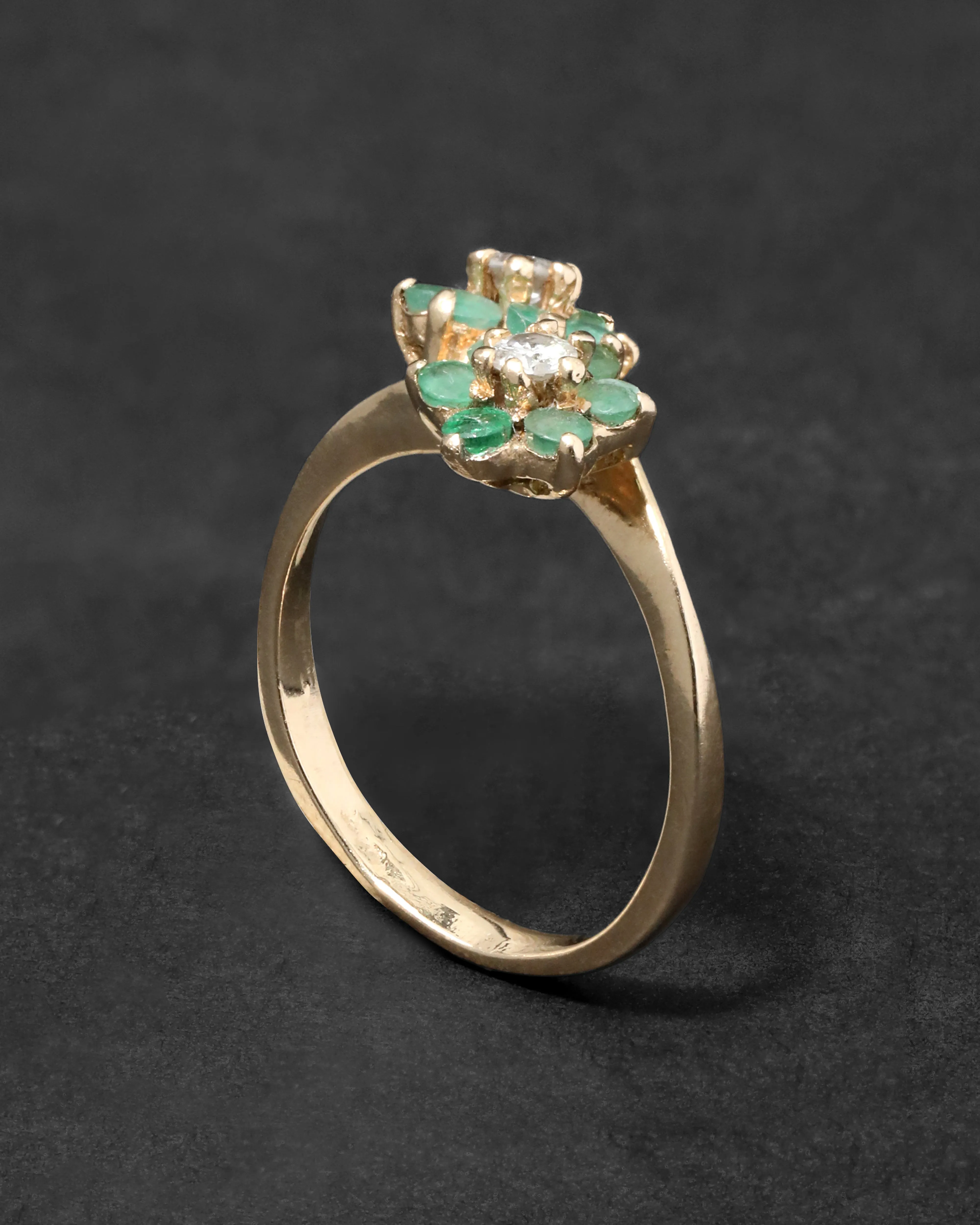 Vintage 1960s 14k Gold with Stacked Diamond & Emerald Flower Ring sold by Alexis Bittar product image thumbnail 2