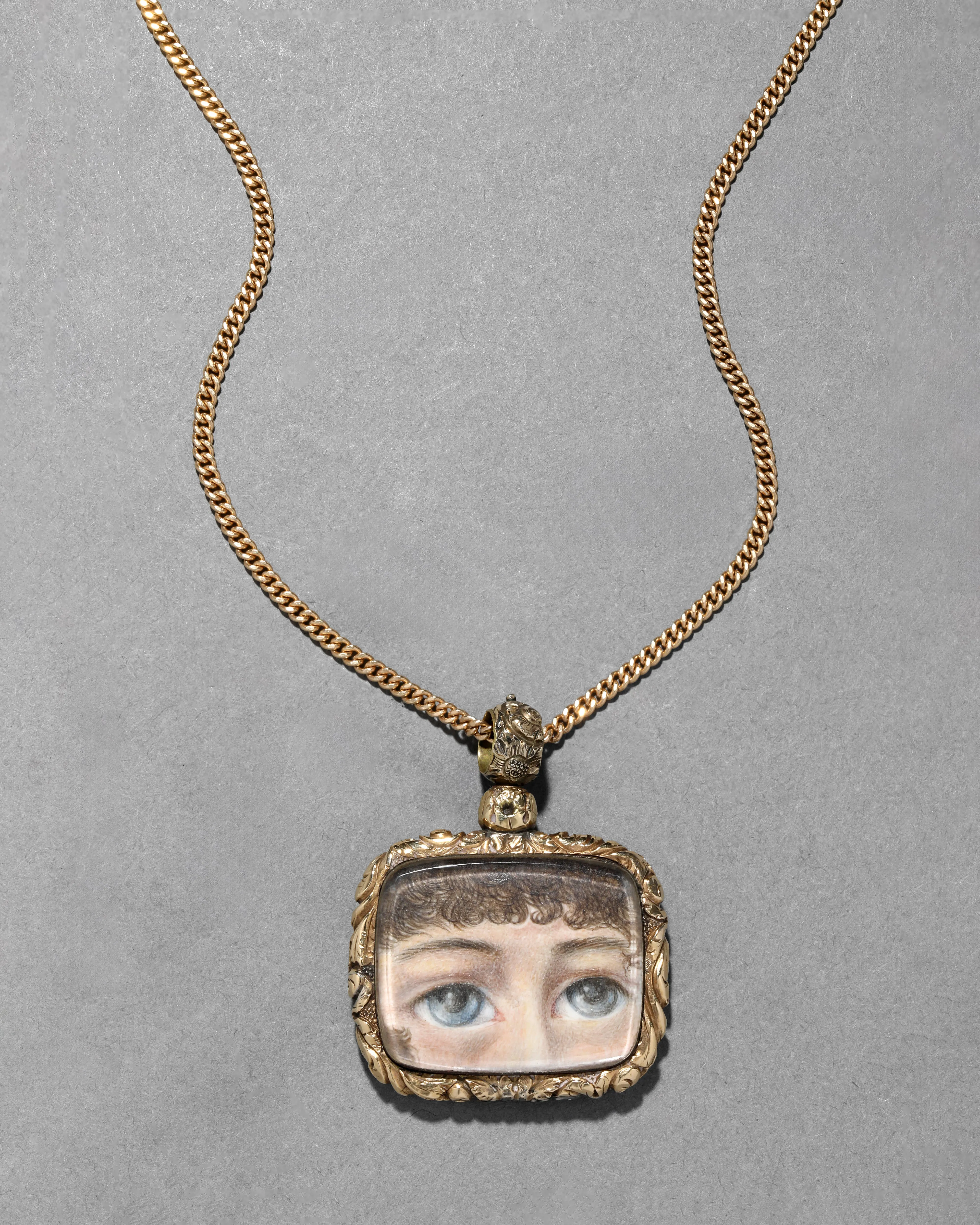 Antique Early 1800s 14k Gold & Quartz Double Eye Miniature Portrait Pendant Necklace sold by Alexis Bittar