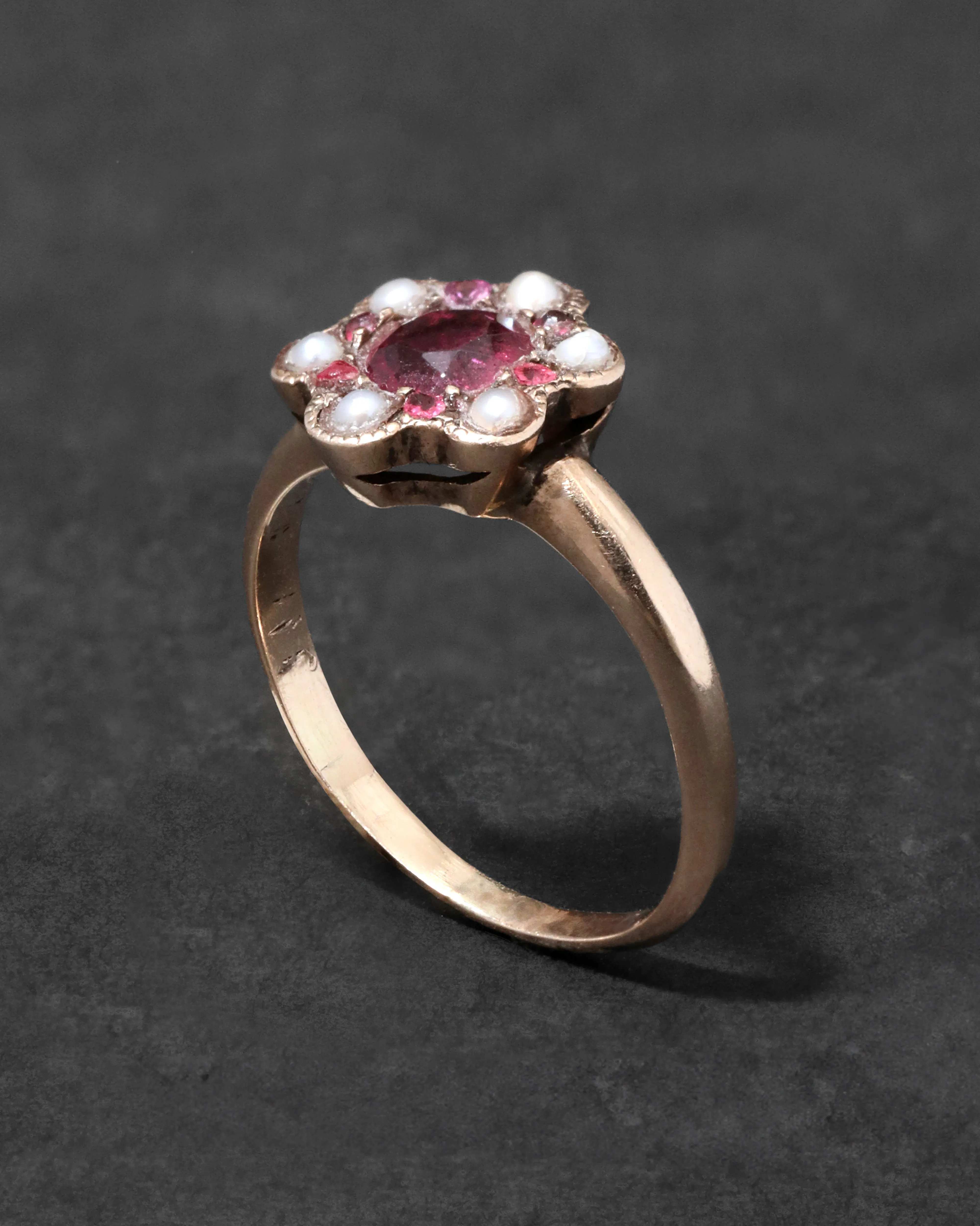 Antique 10k Gold Pink Tourmaline and Pearl Cluster Ring sold by Alexis Bittar
