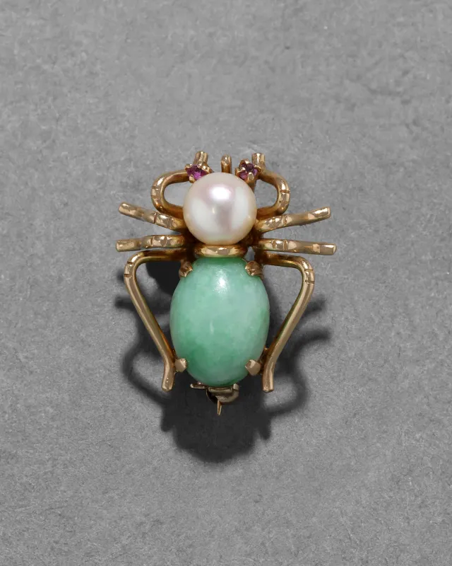 Vintage 1960s 14k Gold Jade & Pearl & Ruby Insect Pin sold by Alexis Bittar