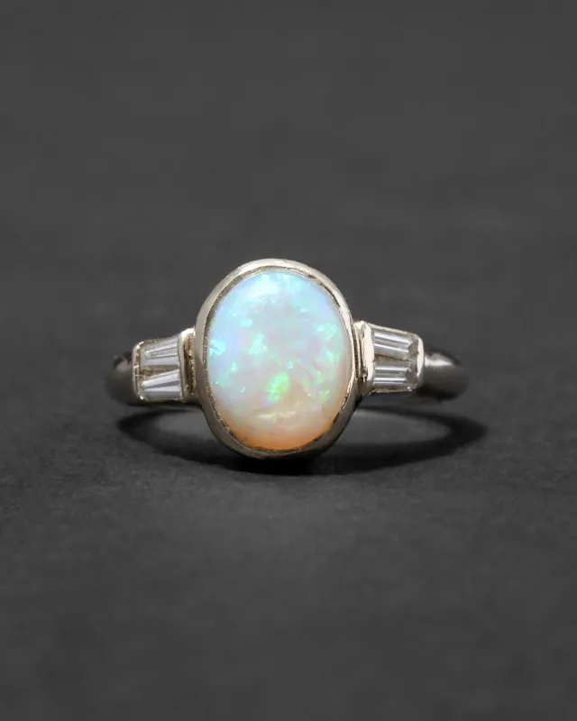 Vintage 1950s 14k Gold Modernist High Prong Set Opal with Diamond Baguette Ring sold by Alexis Bittar