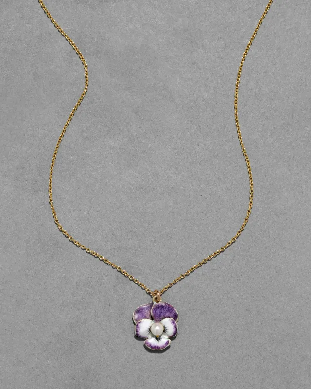 Antique Victorian 1800s 14k Gold Hand Painted Enamel Pansy with Natural Pearl Pendant Necklace sold by Alexis Bittar