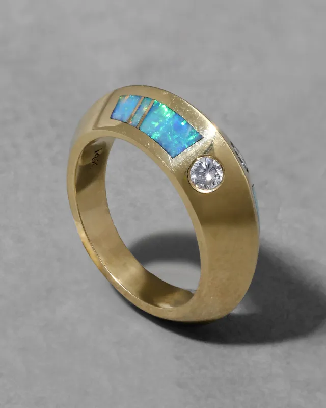 Vintage 1980s 14k Gold with Opal Inlay & Diamonds Set in Modernist Band sold by Alexis Bittar