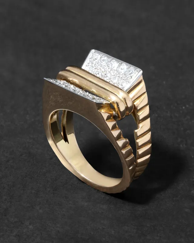 Vintage 1940s 14k Gold with Platinum & Diamonds Retro Deco Design Ring made by Alexis Bittar