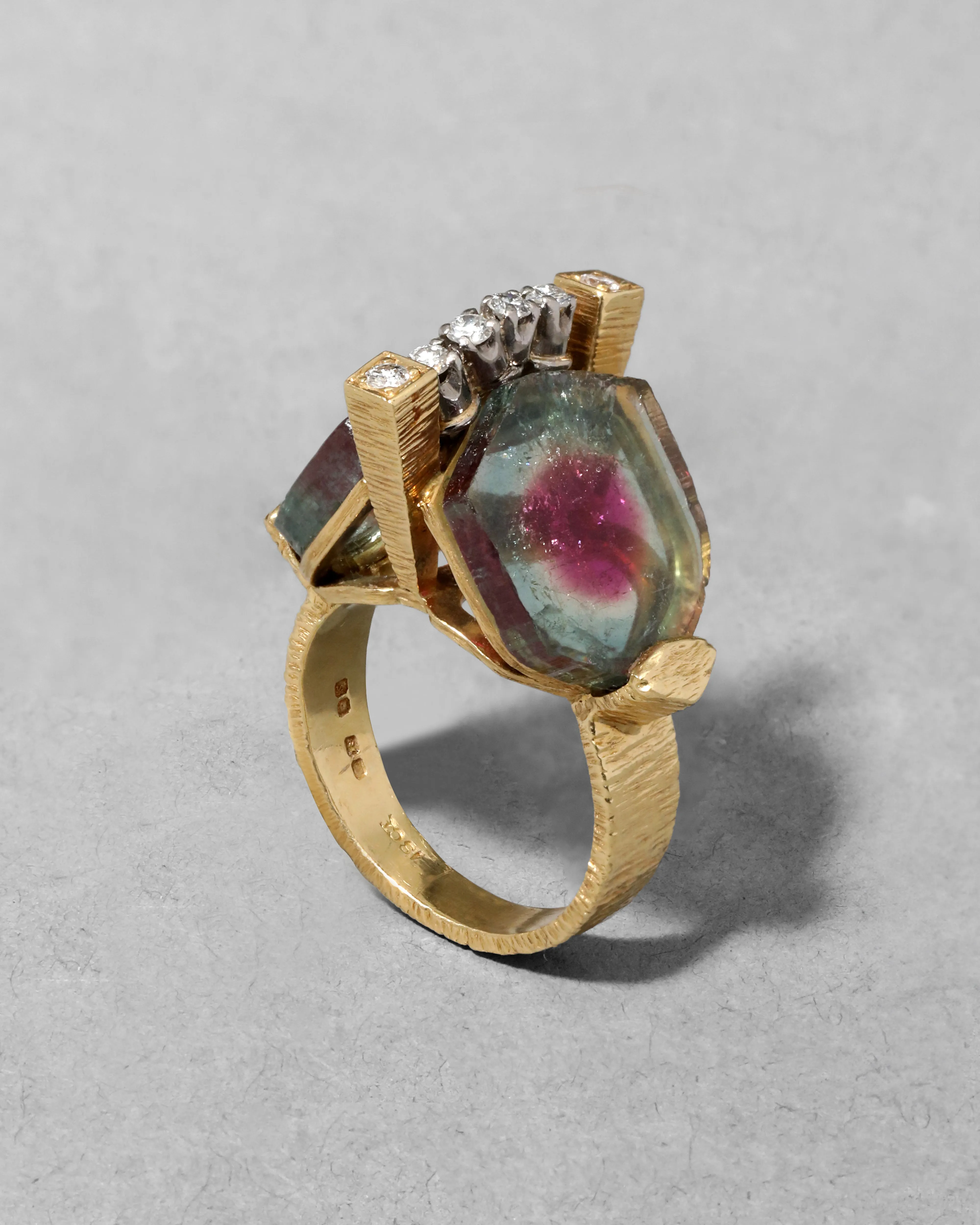 Vintage 1970s 18k Gold with Watermelon Tourmaline & Diamond Brutalist RIng sold by Alexis Bittar