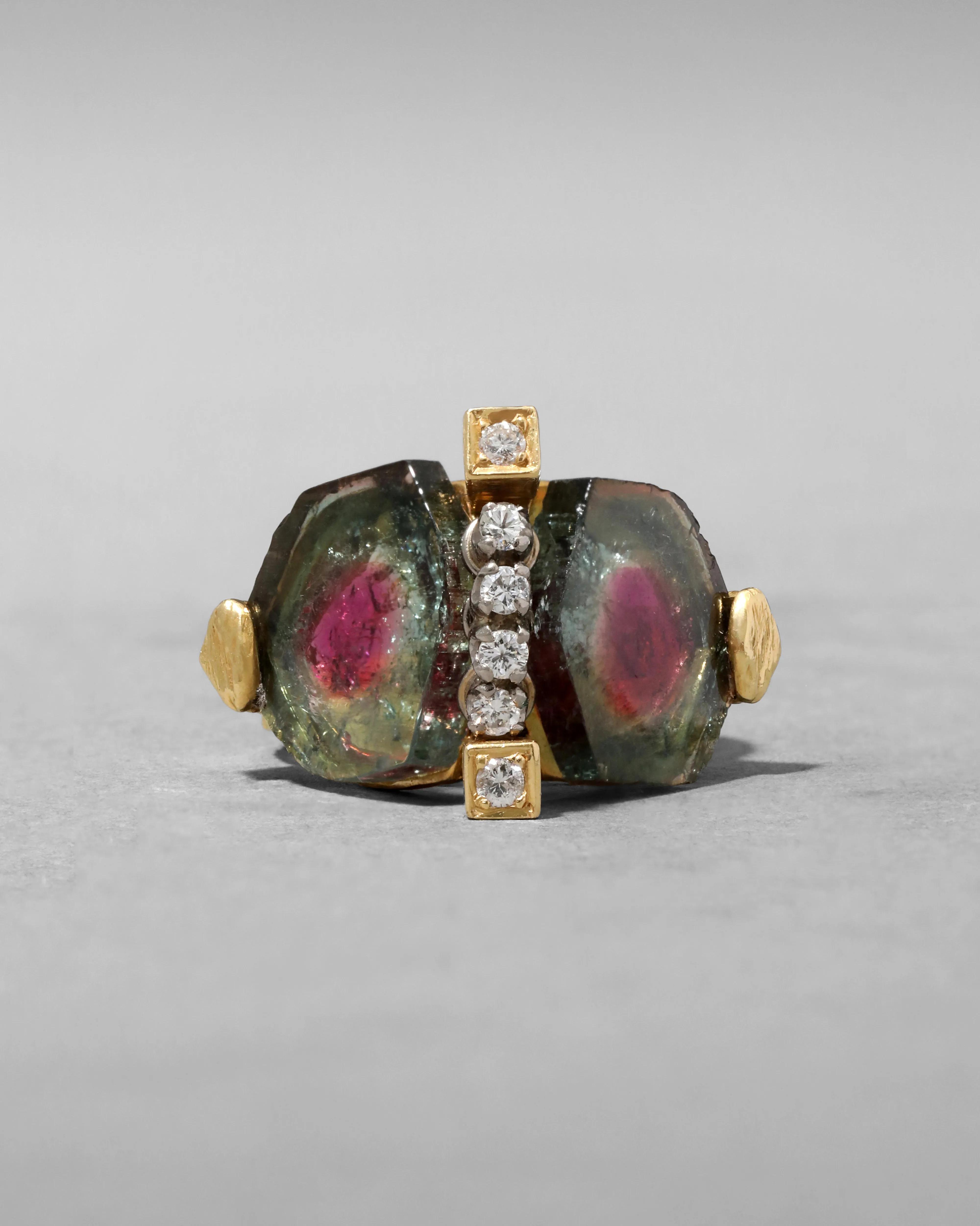 Vintage 1970s 18k Gold with Watermelon Tourmaline & Diamond Brutalist RIng sold by Alexis Bittar product image thumbnail 2