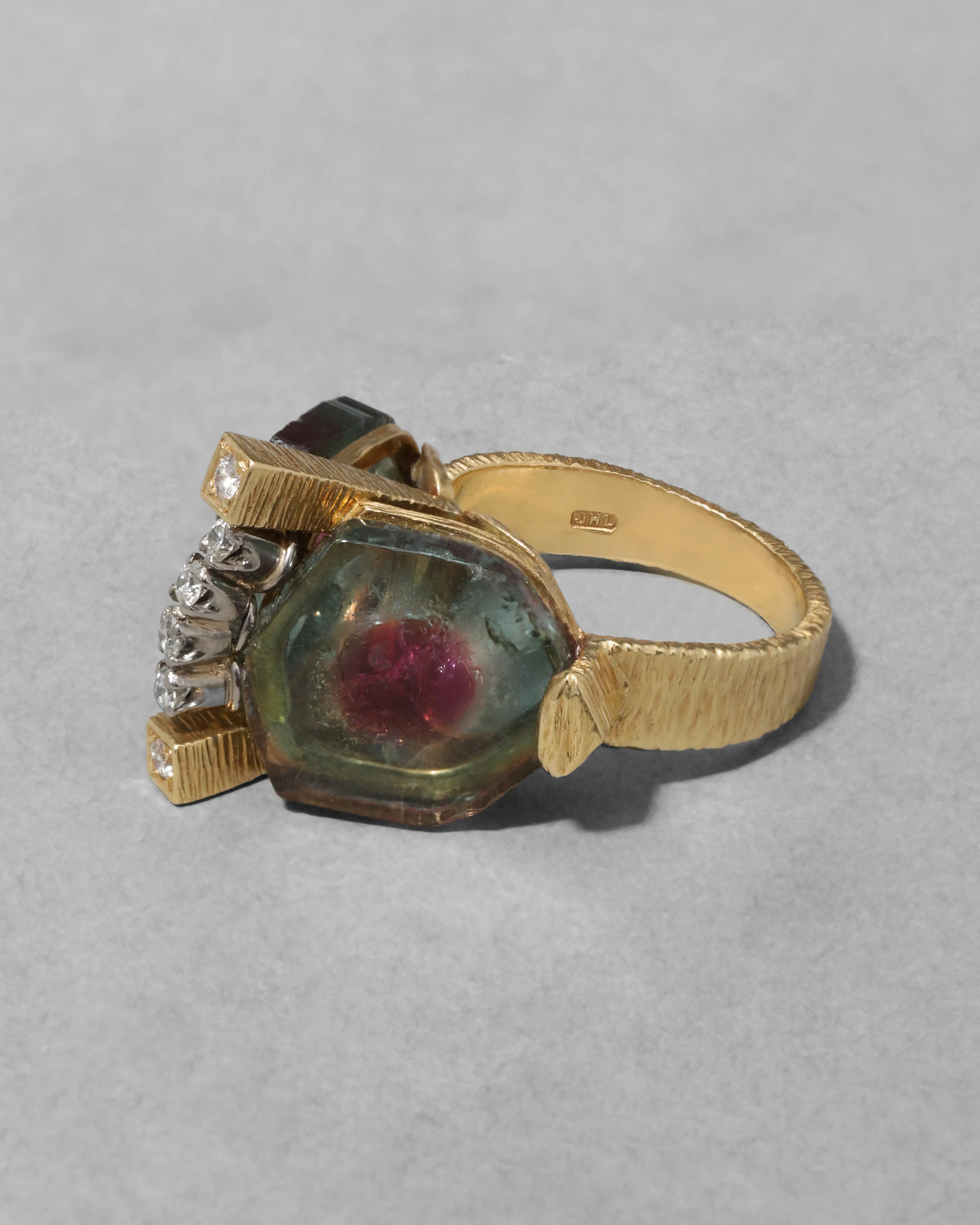 Vintage 1970s 18k Gold with Watermelon Tourmaline & Diamond Brutalist RIng sold by Alexis Bittar product image thumbnail 3