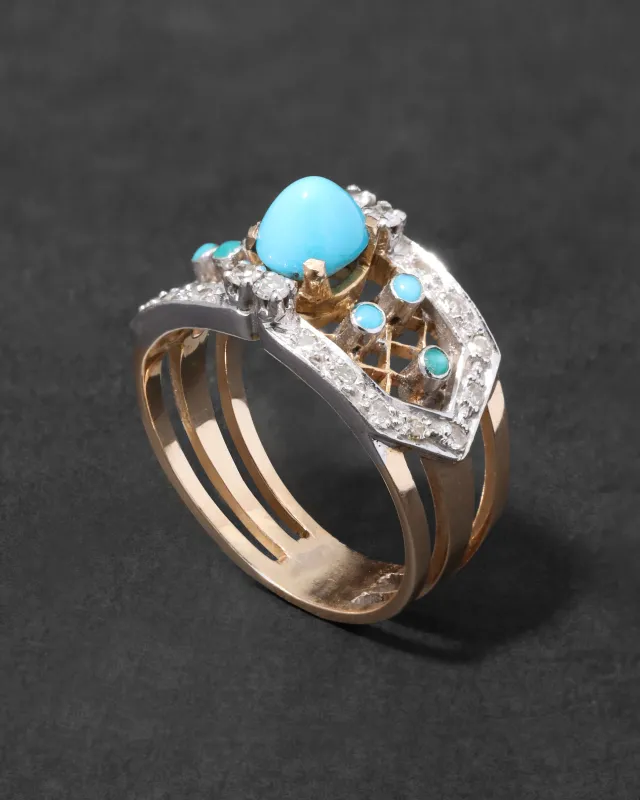 Vintage 1970s 14k Yellow & White Gold with Diamonds Surrounding Persian Turquoise Lattice Pattern Ring sold by Alexis Bittar