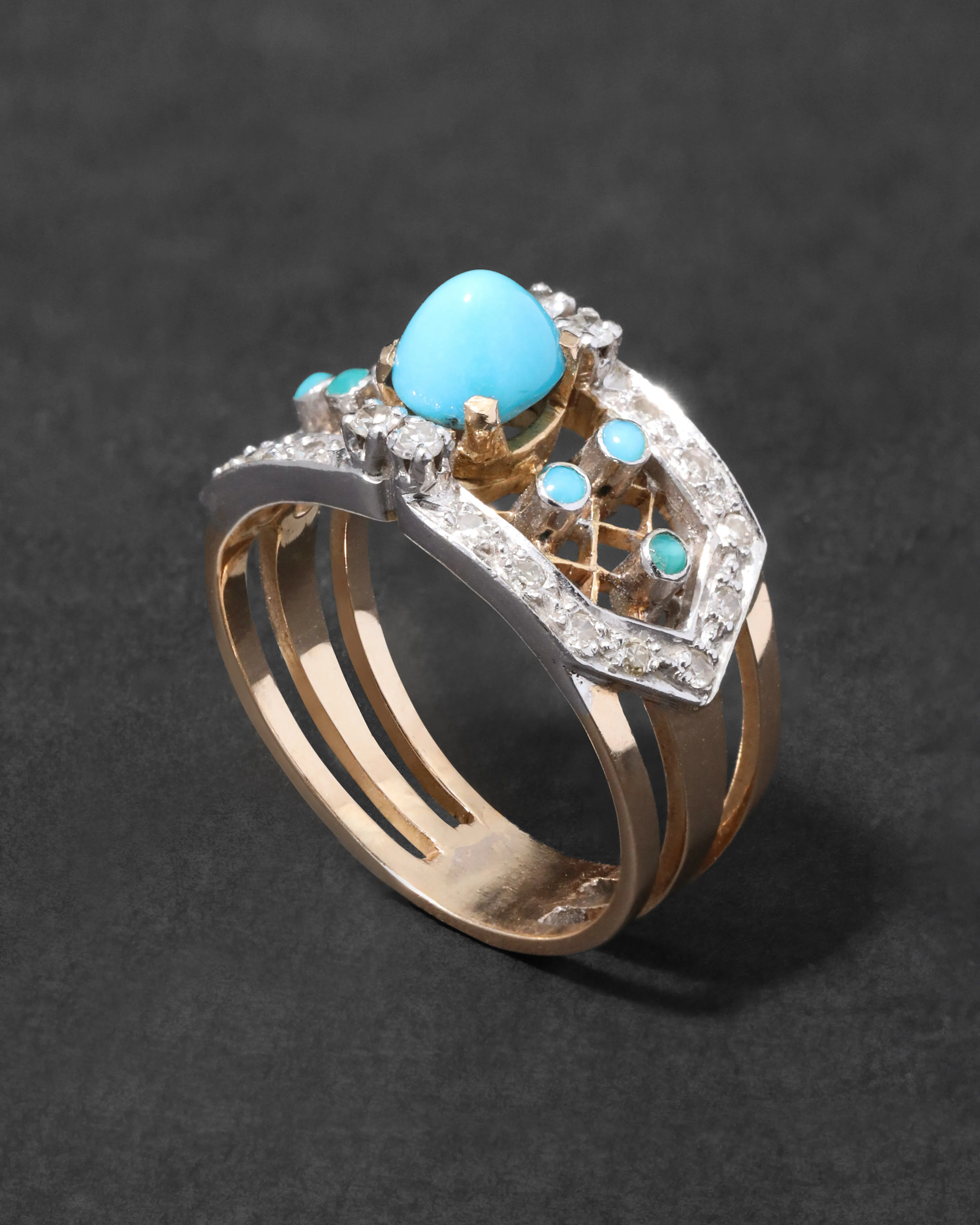 Vintage 1970s 14k Yellow & White Gold with Diamonds Surrounding Persian Turquoise Lattice Pattern Ring sold by Alexis Bittar