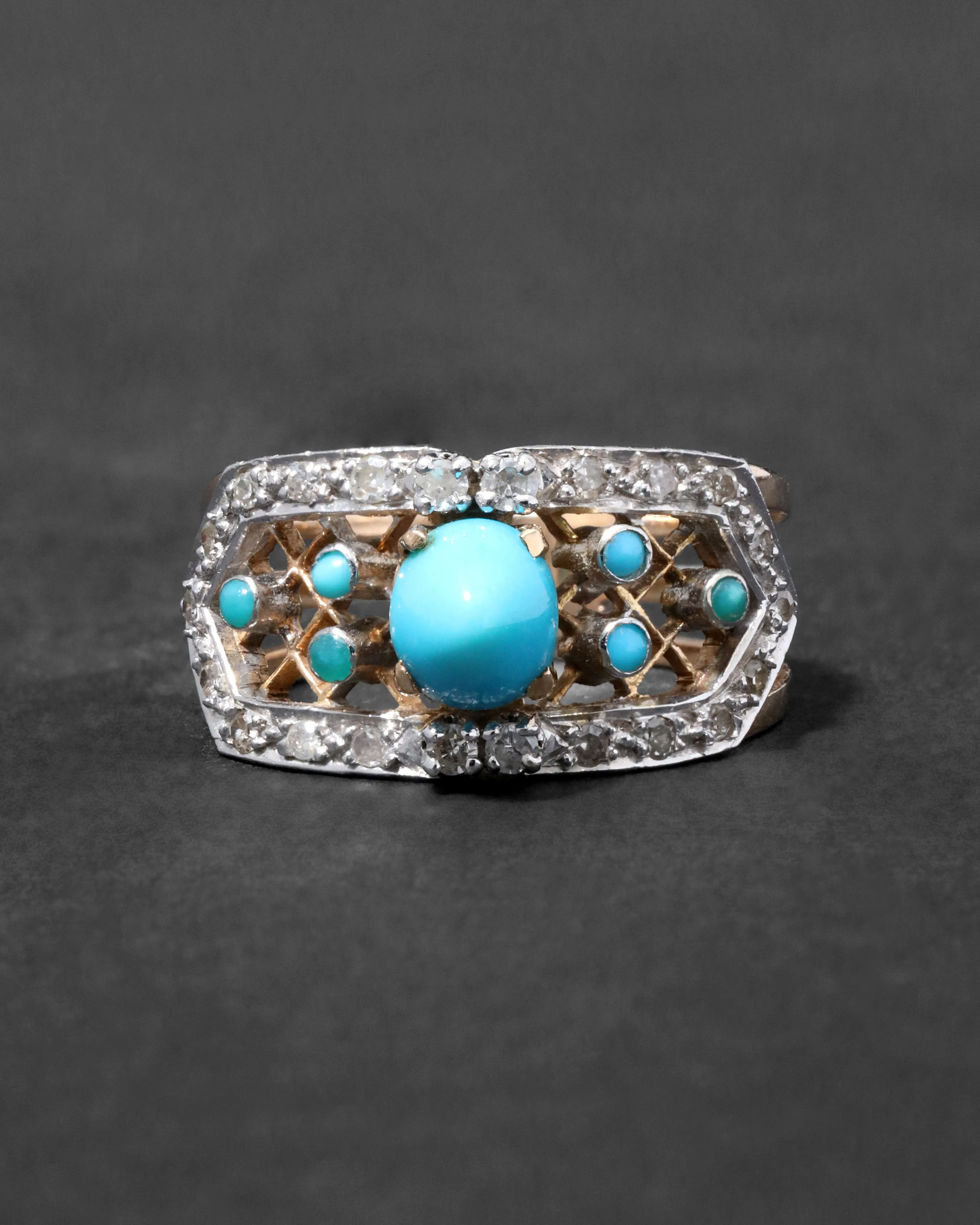 Vintage 1970s 14k Yellow & White Gold with Diamonds Surrounding Persian Turquoise Lattice Pattern Ring sold by Alexis Bittar product image thumbnail 2