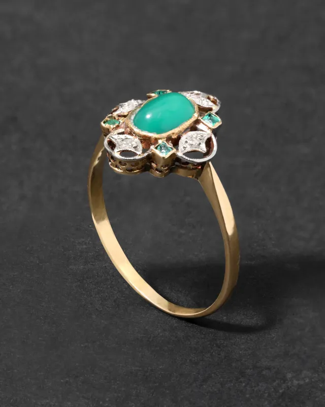 Antique Early 1900s 14k Gold with Emerald & Diamond Abstract Floral Design Ring sold by Alexis Bittar