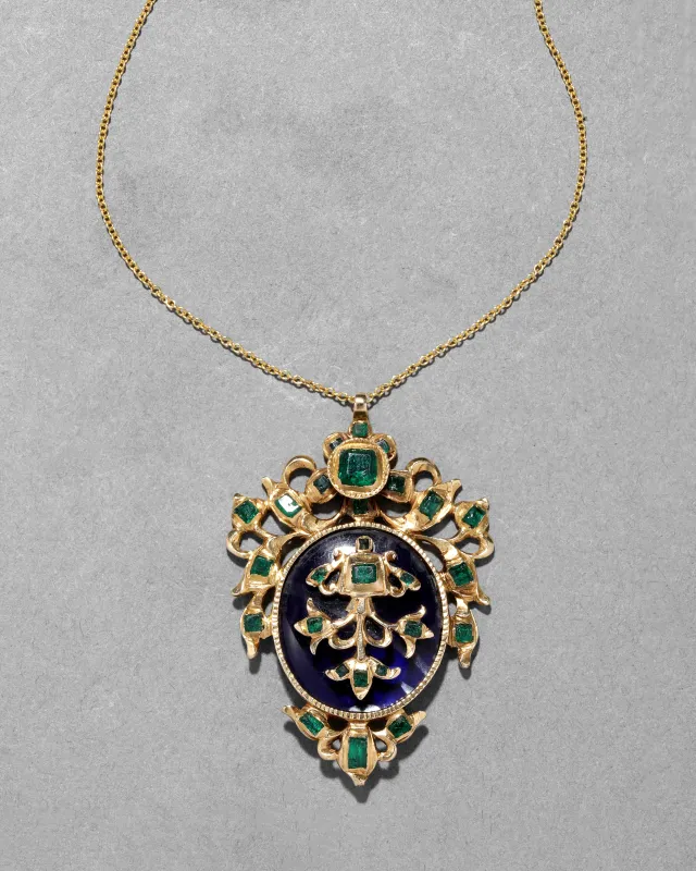 Antique Early 1800s 14k Gold Hand-Cut Emerald French Medallion Pendant Necklace sold by Alexis Bittar