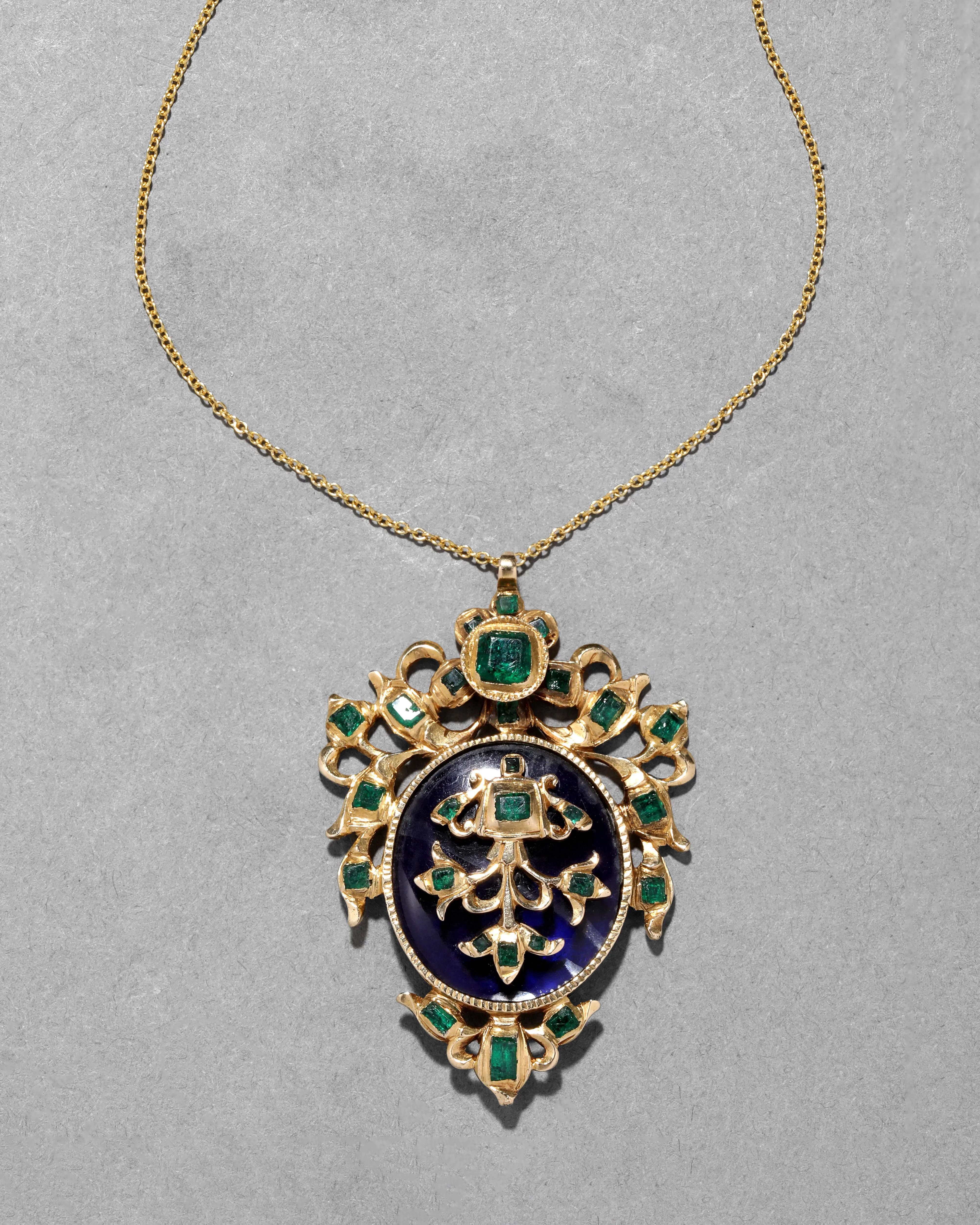Antique Early 1800s 14k Gold Hand-Cut Emerald French Medallion Pendant Necklace sold by Alexis Bittar