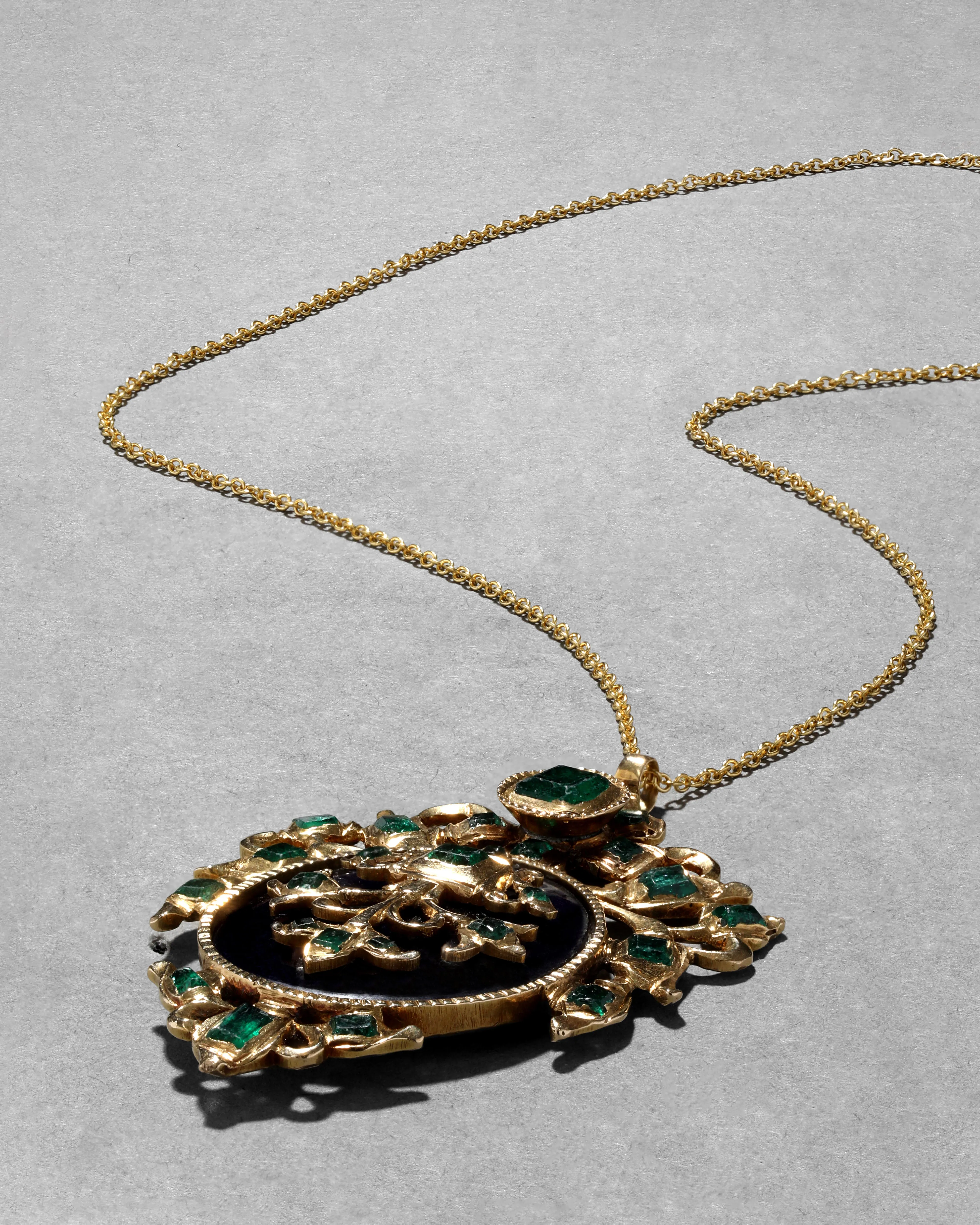 Antique Early 1800s 14k Gold Hand-Cut Emerald French Medallion Pendant Necklace sold by Alexis Bittar product image thumbnail 3