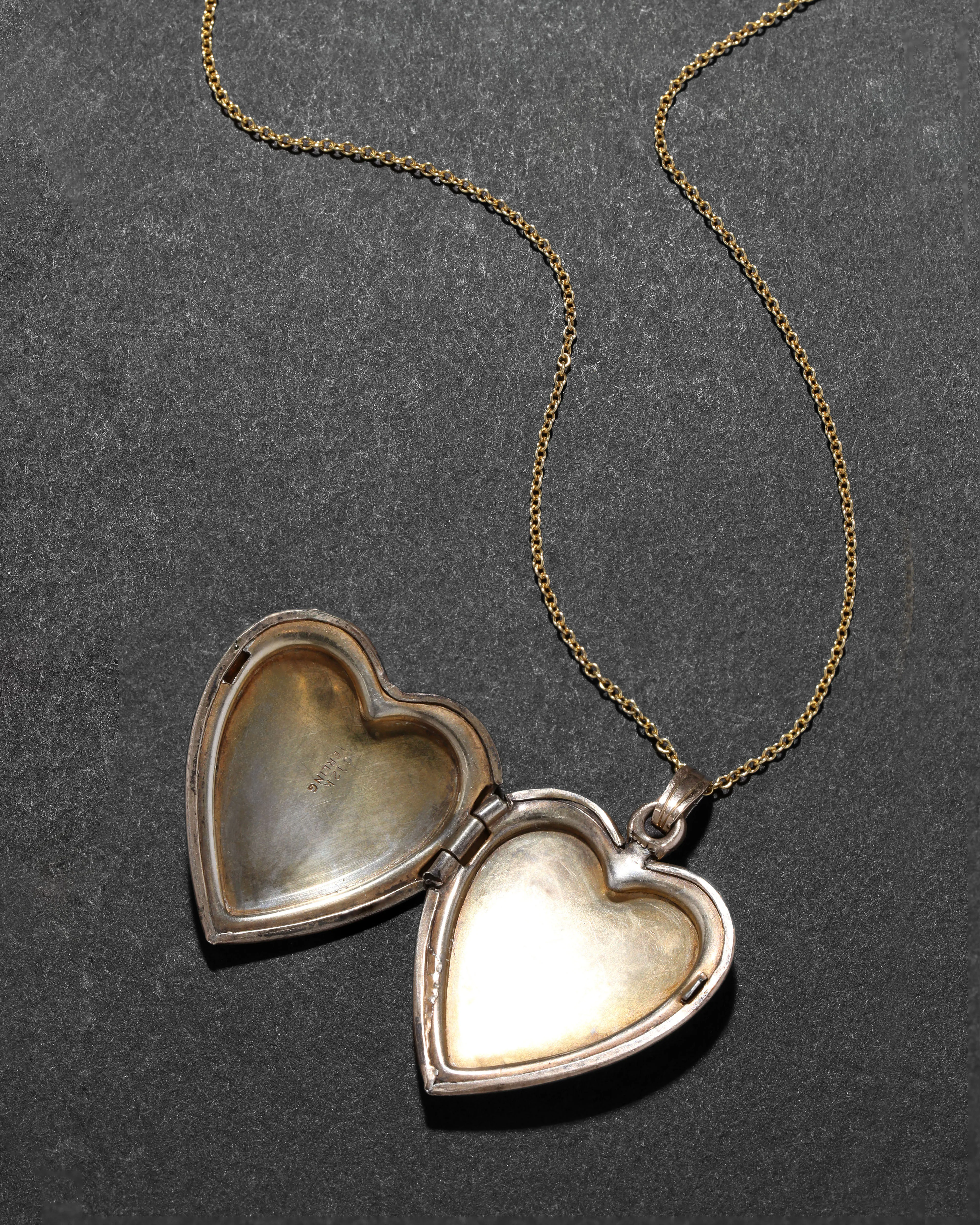 Vintage 1940s 12k Gold Filled over Silver Etched Heart Locket Necklace sold by Alexis Bittar product image thumbnail 3