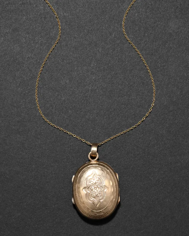 Antique Victorian 1800s 14k Gold Hand Etched Floral Motif Locket Necklace sold by Alexis Bittar