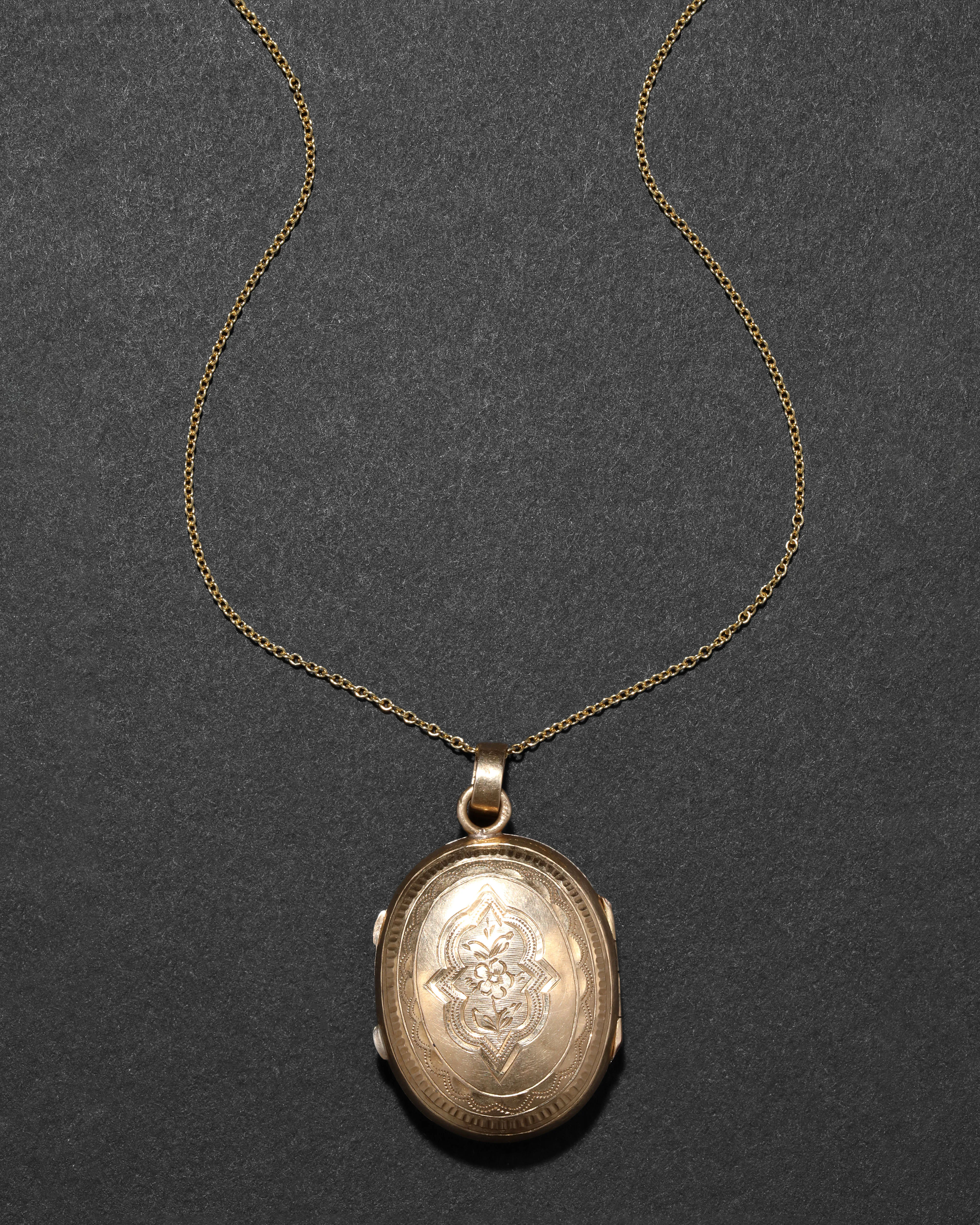Antique Victorian 1800s 14k Gold Hand Etched Floral Motif Locket Necklace sold by Alexis Bittar