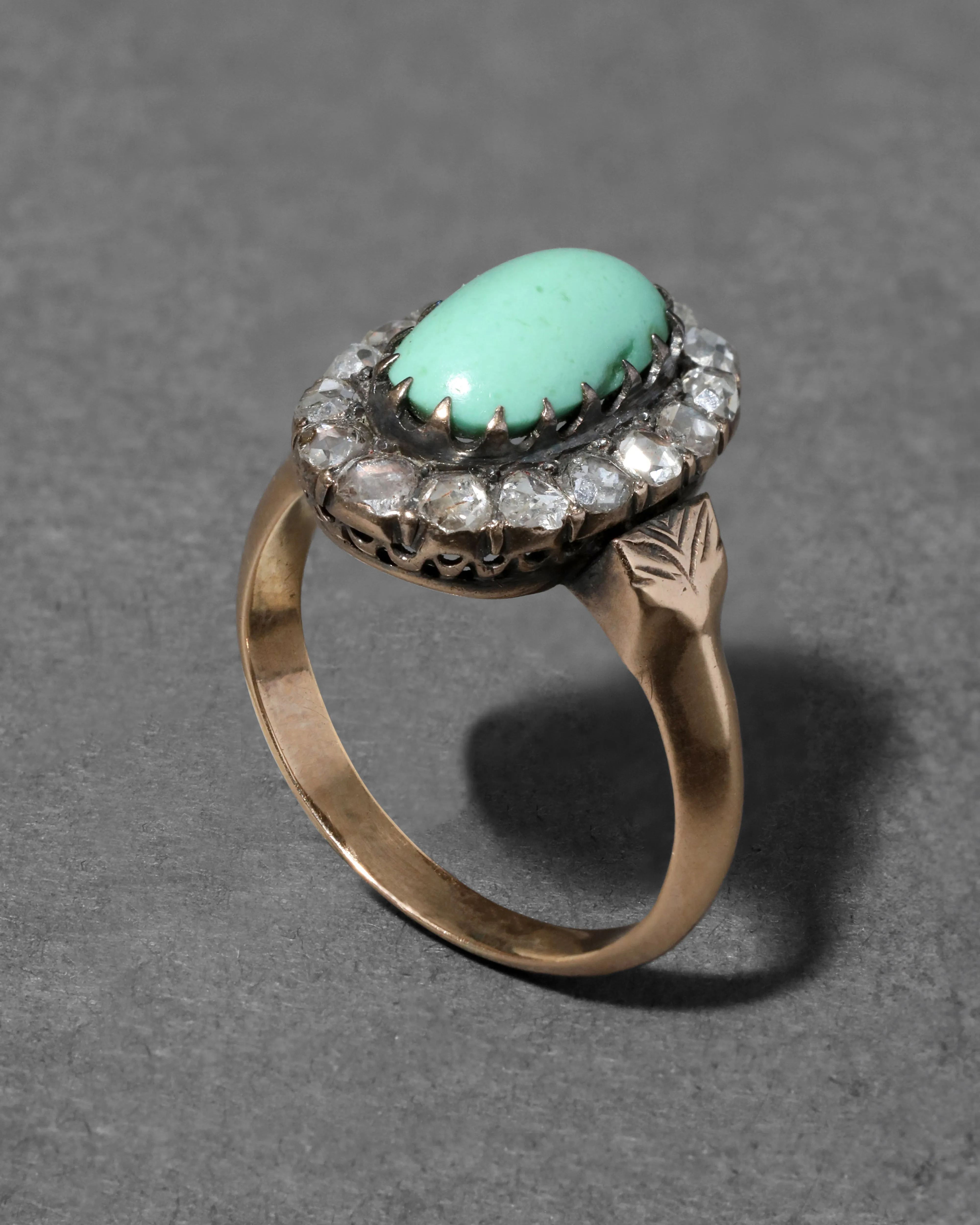 Antique 1800s 14k Gold with Turquoise Surrounded by Diamond Halo Ring sold by Alexis Bittar