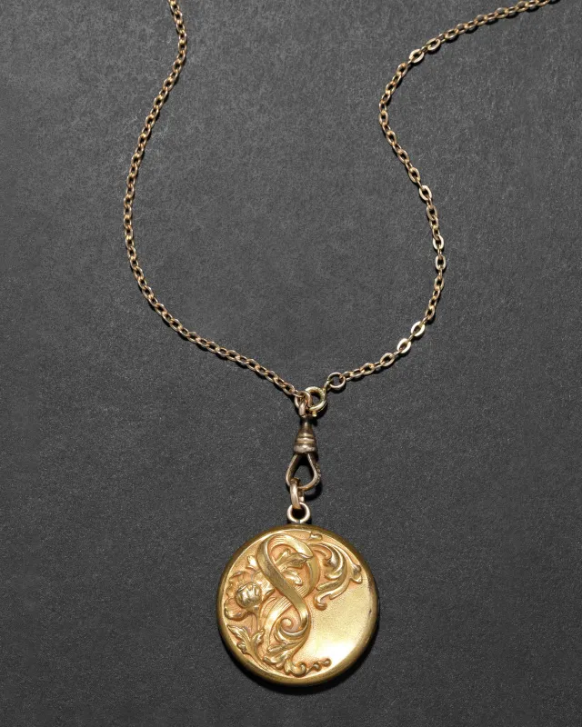 Antique Victorian 1800s 14k Gold Filled Floral & Wave Motif Locket Necklace sold by Alexis Bittar