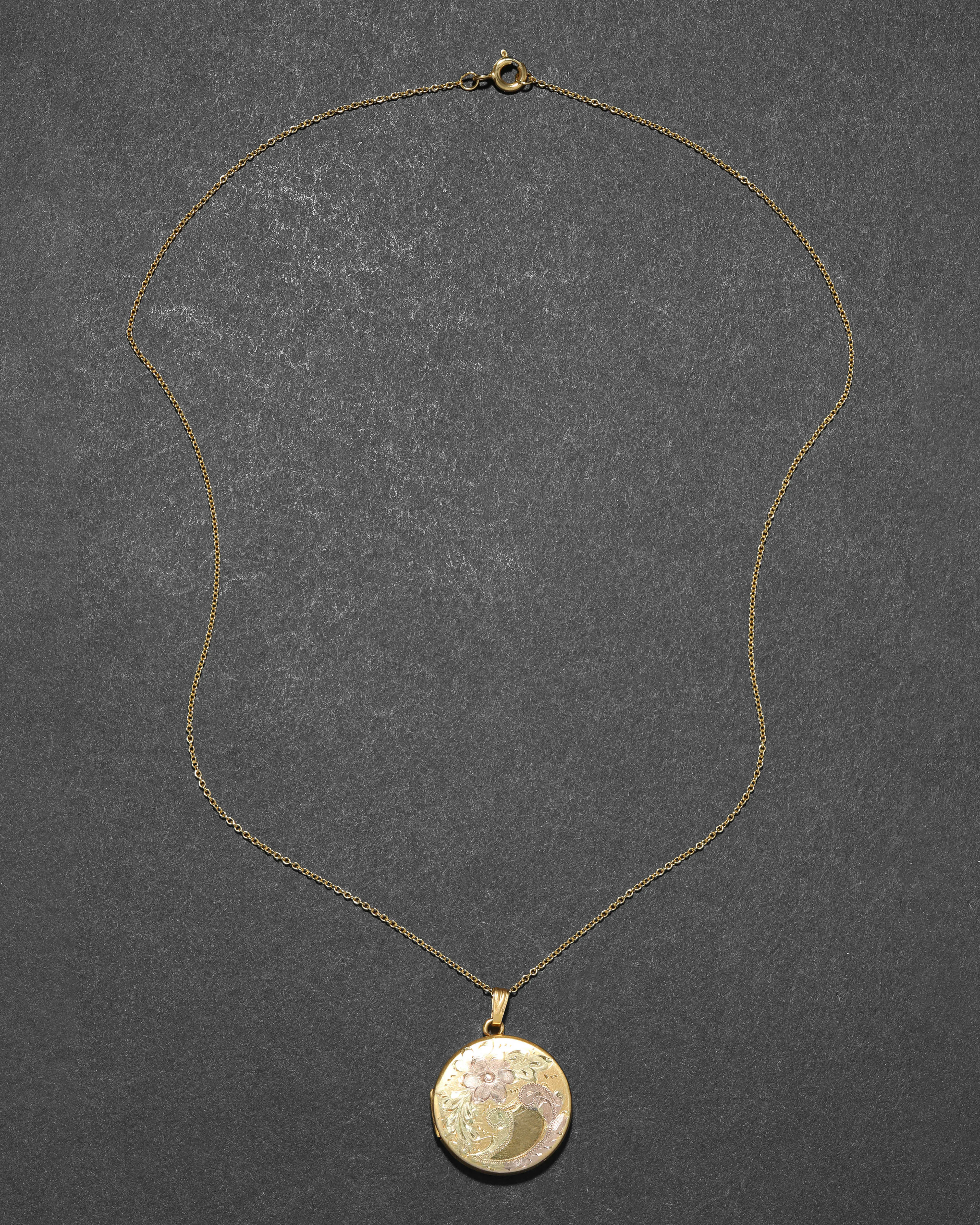 Vintage 1960s 12k Gold Filled Three Tone Floral Etched Locket Necklace sold by Alexis Bittar product image thumbnail 2