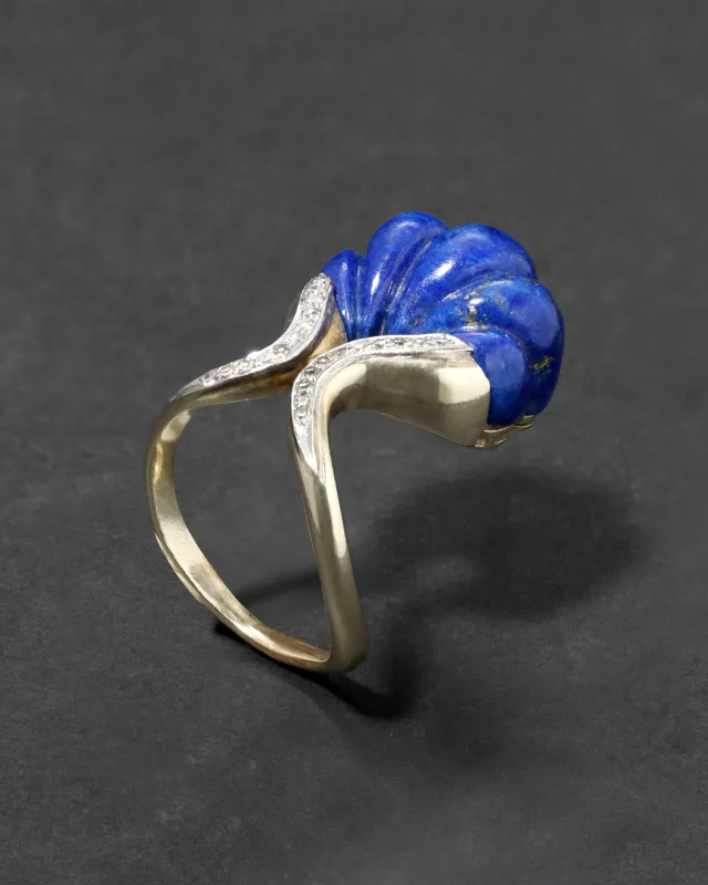 Vintage 1960s 18k Two Tone Gold Scalloped Lapis & Diamond Ring sold by Alexis Bittar