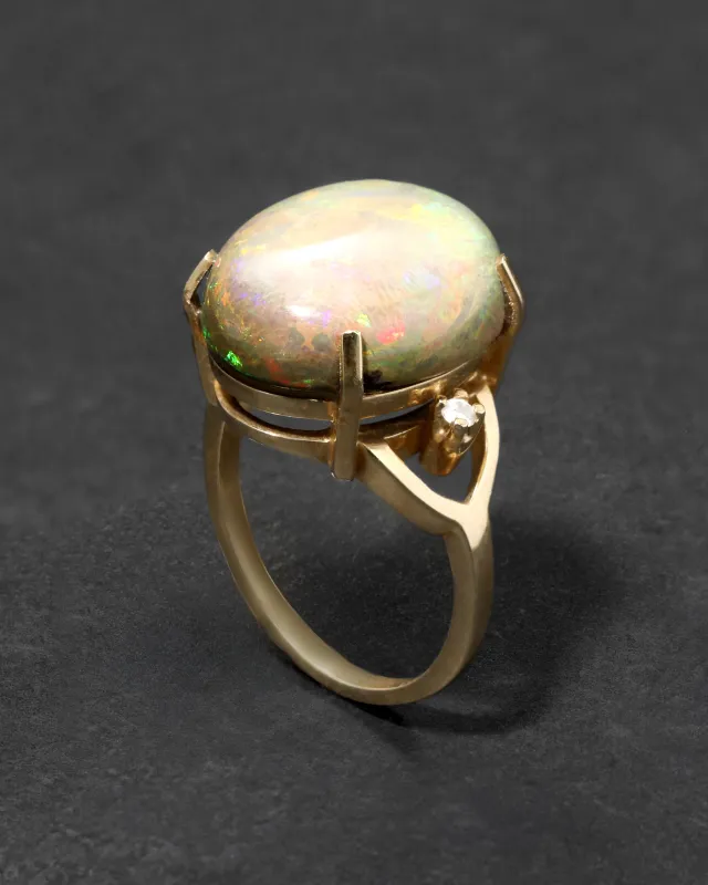 Vintage 1980s 14k Gold with Green Opal Cabachon & Diamond Accent Ring sold by Alexis Bittar