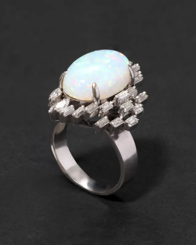 Vintage 1950s 18k White Gold with Natural Opal & Baguette & Marquis Diamond Halo Modernist Design Ring sold by Alexis Bittar