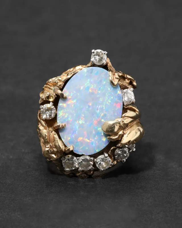 Vintage 1970s 14k Yellow & White Gold Handmade Brutalist Opal & Diamond Ring sold by Alexis Bittar