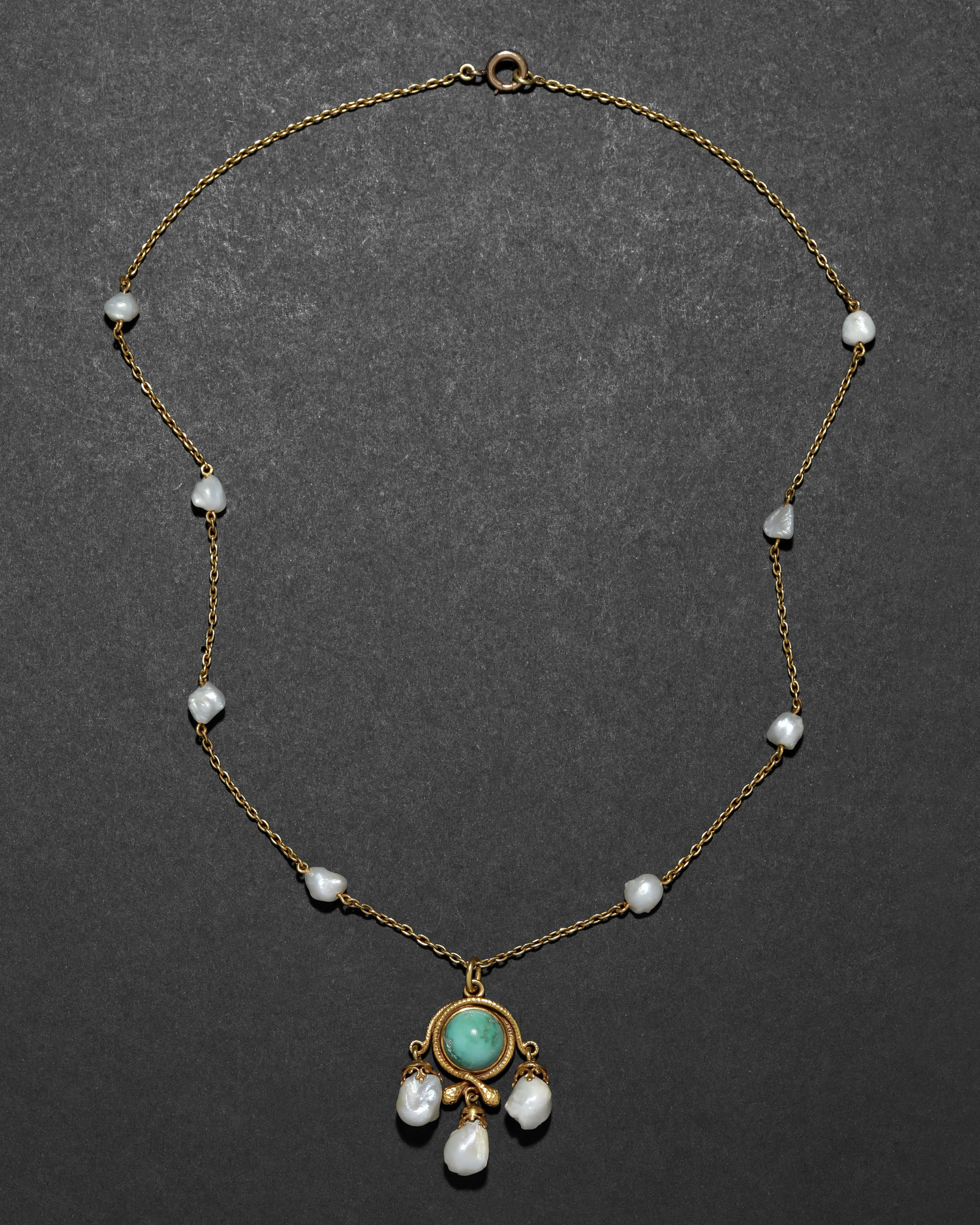 Antique 1800s 14k Gold with Natural Pearl & Turquoise Pendant on Snake Chain Necklace sold by Alexis Bittar product image thumbnail 2